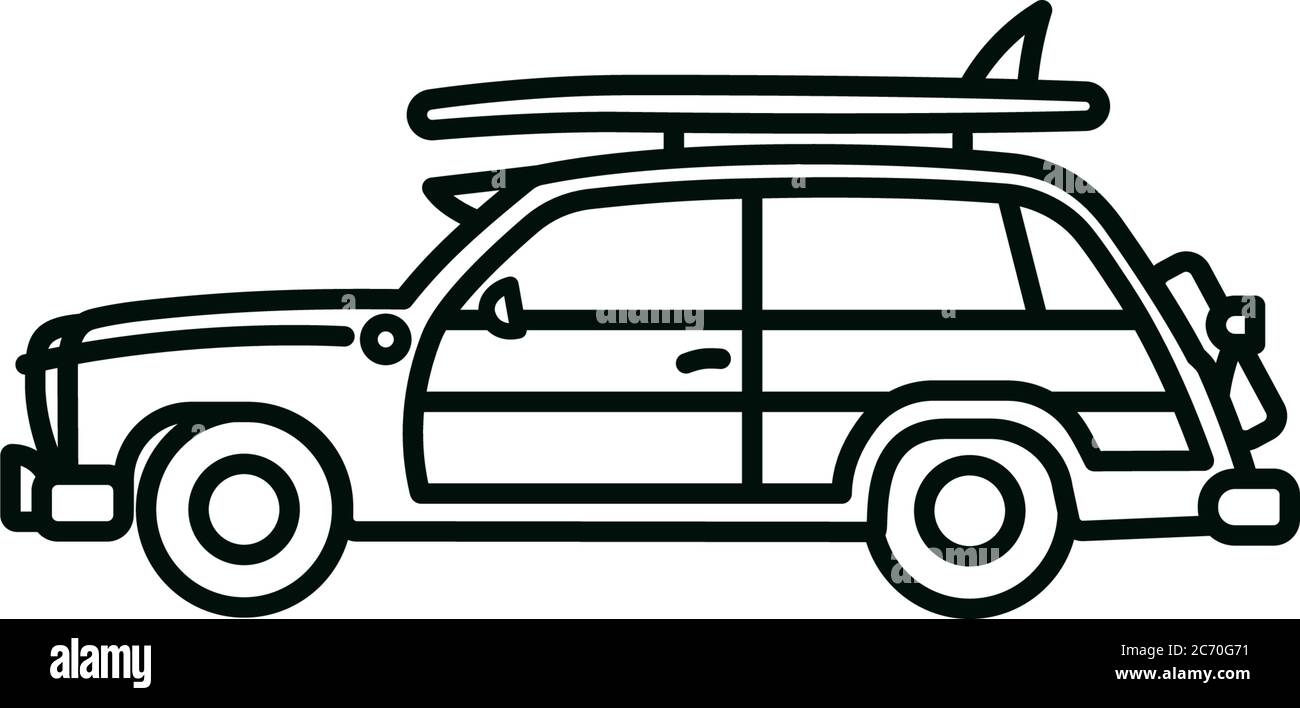 Icona della linea vettoriale di Woody Wagon per il National Woody Wagon Day il 18 luglio. Simbolo del profilo della vettura surfista. Illustrazione Vettoriale