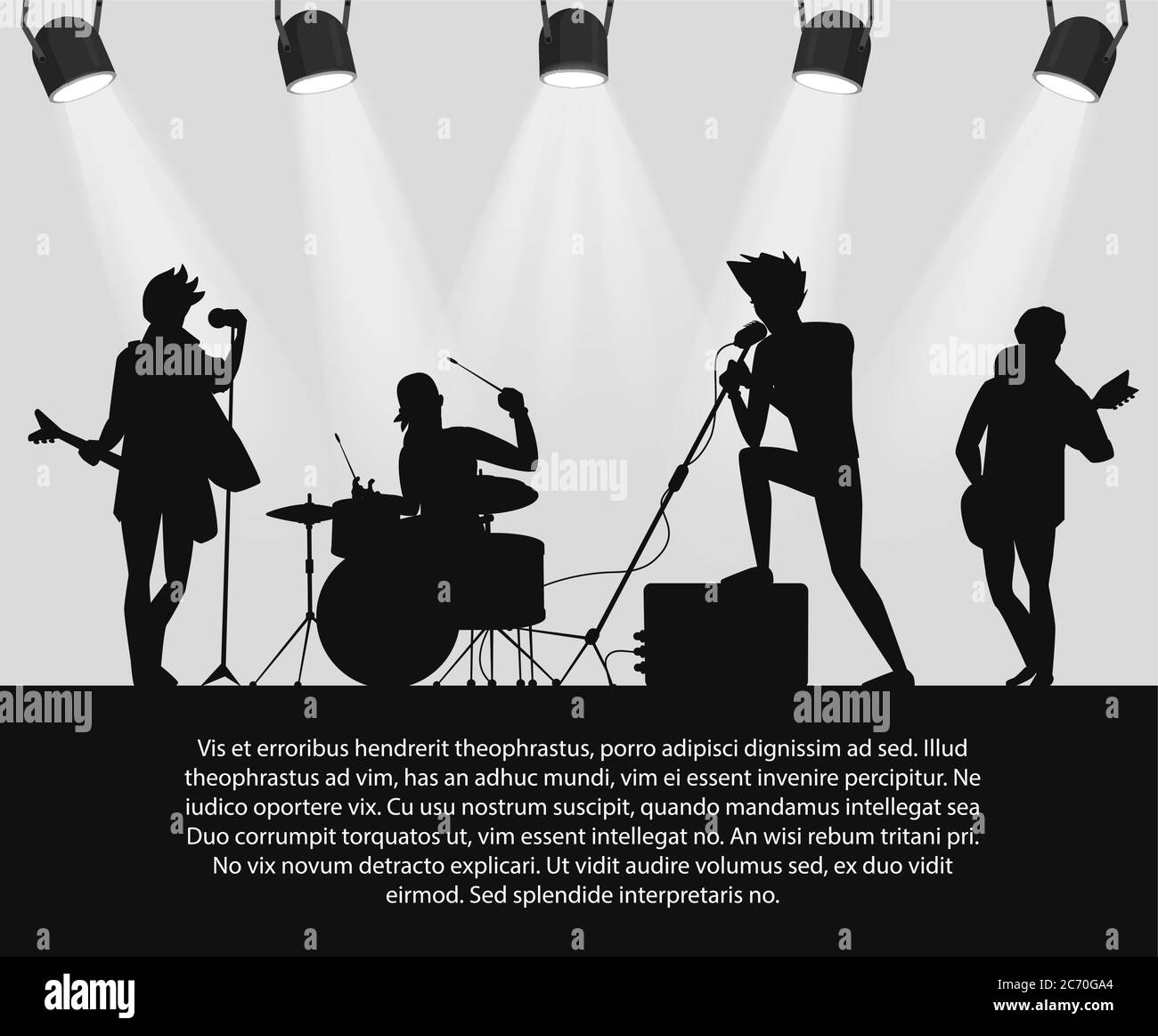 Silhouette rock band sul palco con testo posto Illustrazione Vettoriale