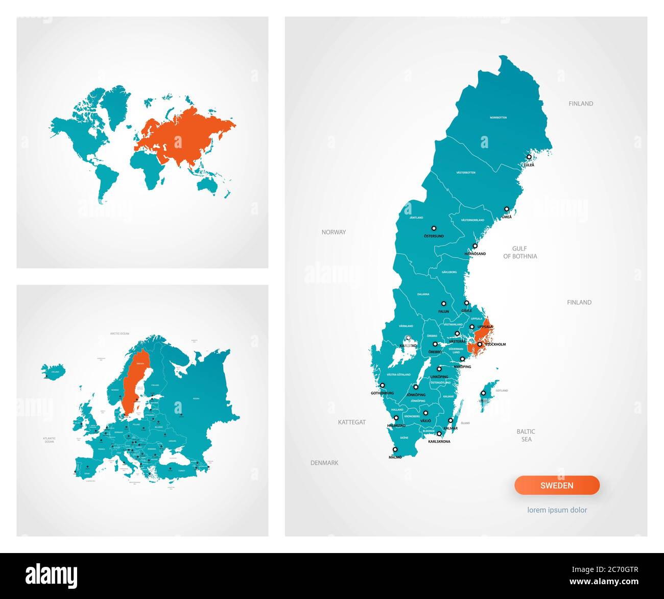 Modello modificabile di mappa della Svezia con segni. La Svezia sulla mappa mondiale e sulla mappa europea. Illustrazione Vettoriale