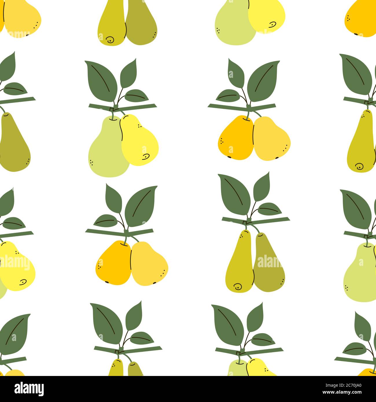 Texture infinita con pere gialle, verdi, arancioni. Rami di pera con foglie isolate su bianco. Stampa positiva estiva di frutta. Vettore senza giunture Illustrazione Vettoriale