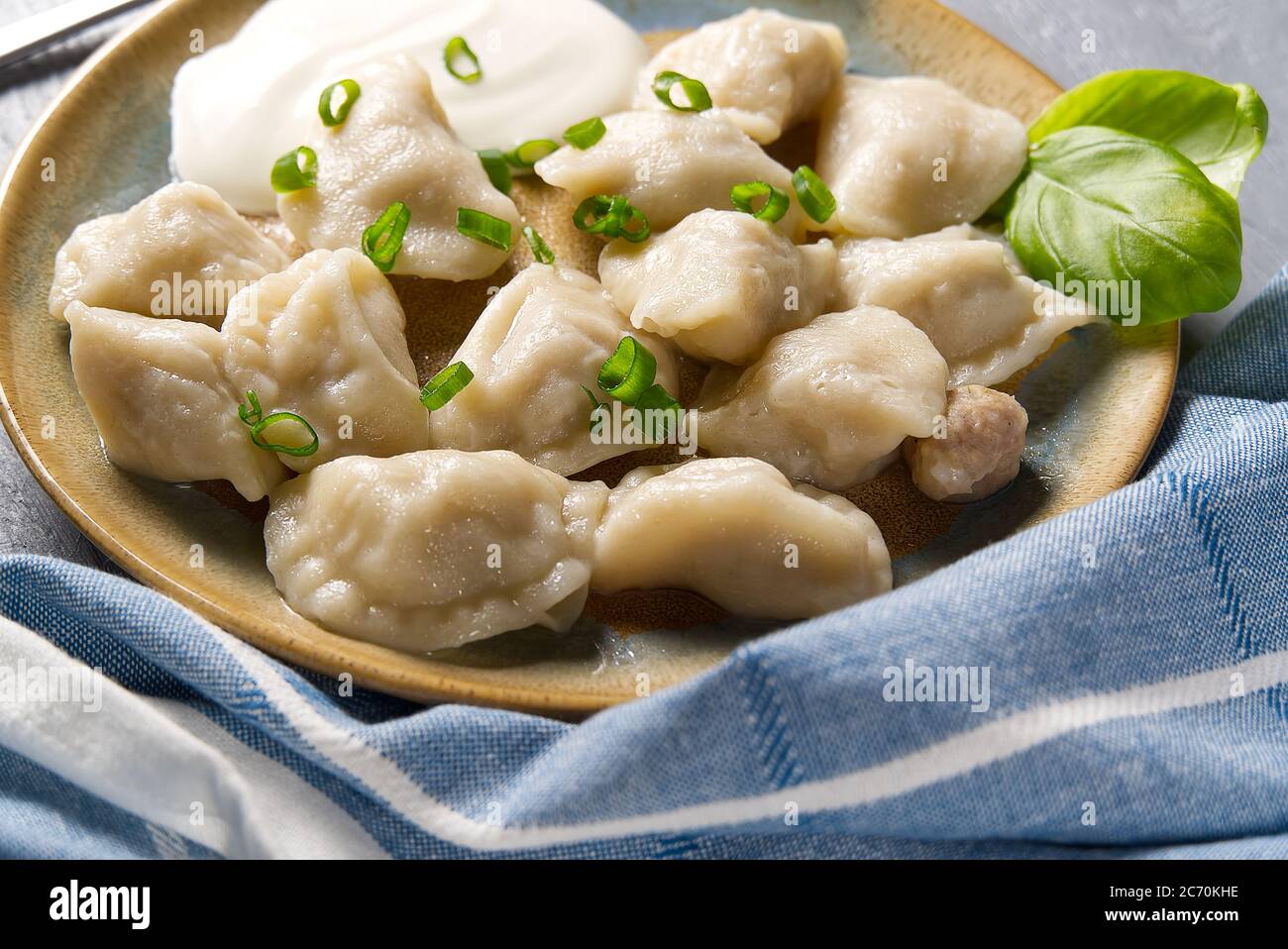 Gnocchi di carne bolliti freschi serviti con panna acida su sfondo di legno. Foto Stock