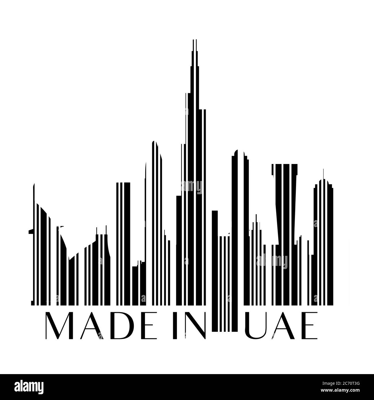 Prodotto in codice a barre UAE. A forma di codice a barre nei famosi edifici di Dubai. Concetto di vendita o di business. Icona per qualsiasi prodotto il cui paese di origine è l'UAE. Foto Stock
