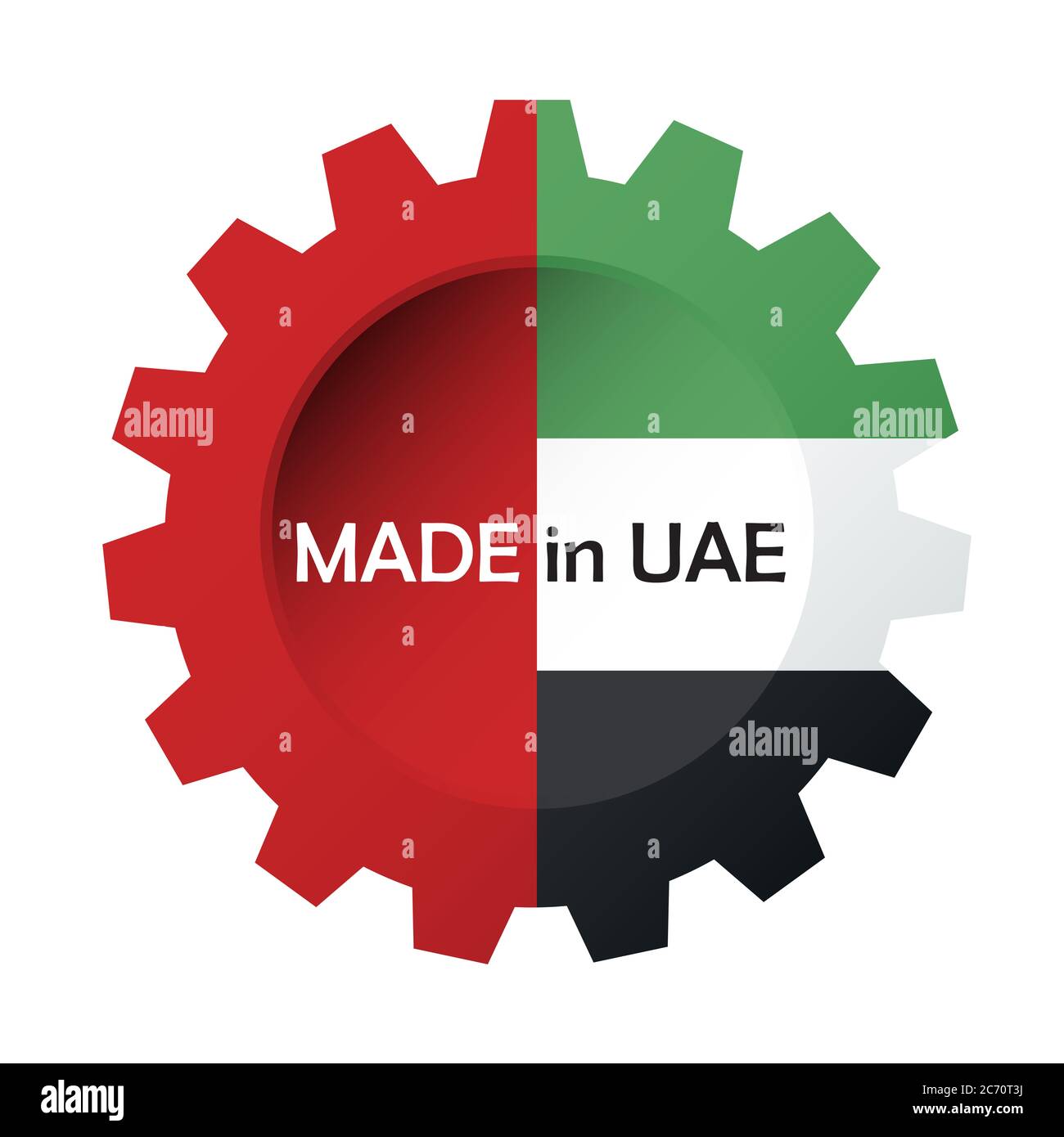 Fabbricato negli Emirati Arabi Uniti. Gear imposta il colore dell'indicatore UAE. Concetto di vendita o di business. Icona per qualsiasi prodotto il cui paese di origine è Emirati Arabi Uniti. Foto Stock