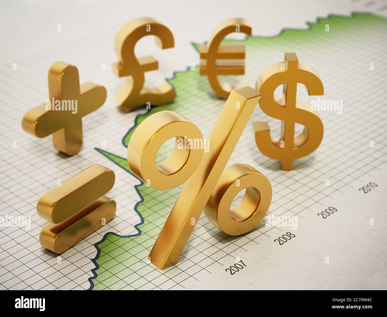 Simboli finanziari su grafico statistico. Illustrazione 3D. Foto Stock