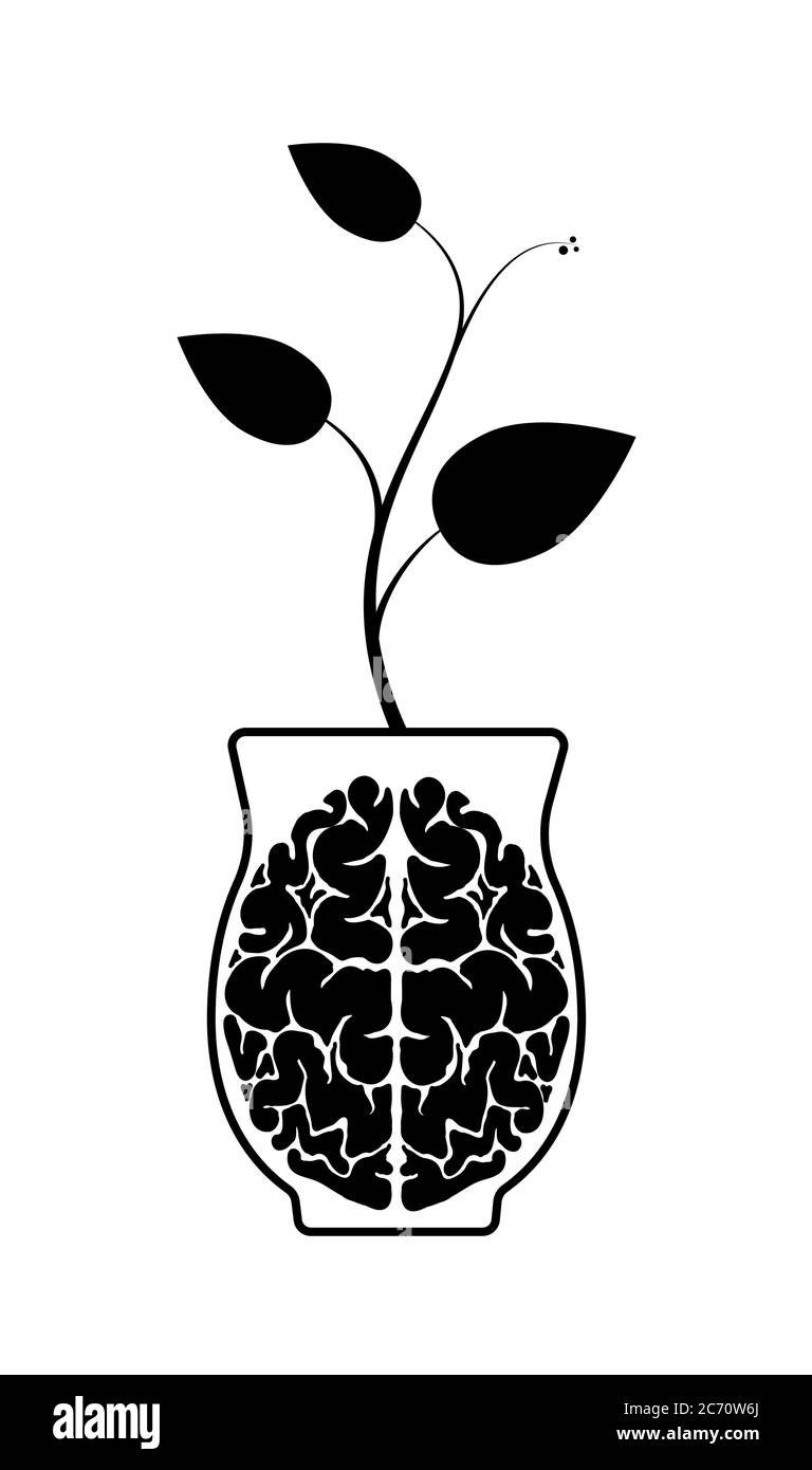 Il cervello è fatto di emisferi in una pentola di argilla. Un germoglio dal cervello. Illustrazione Vettoriale