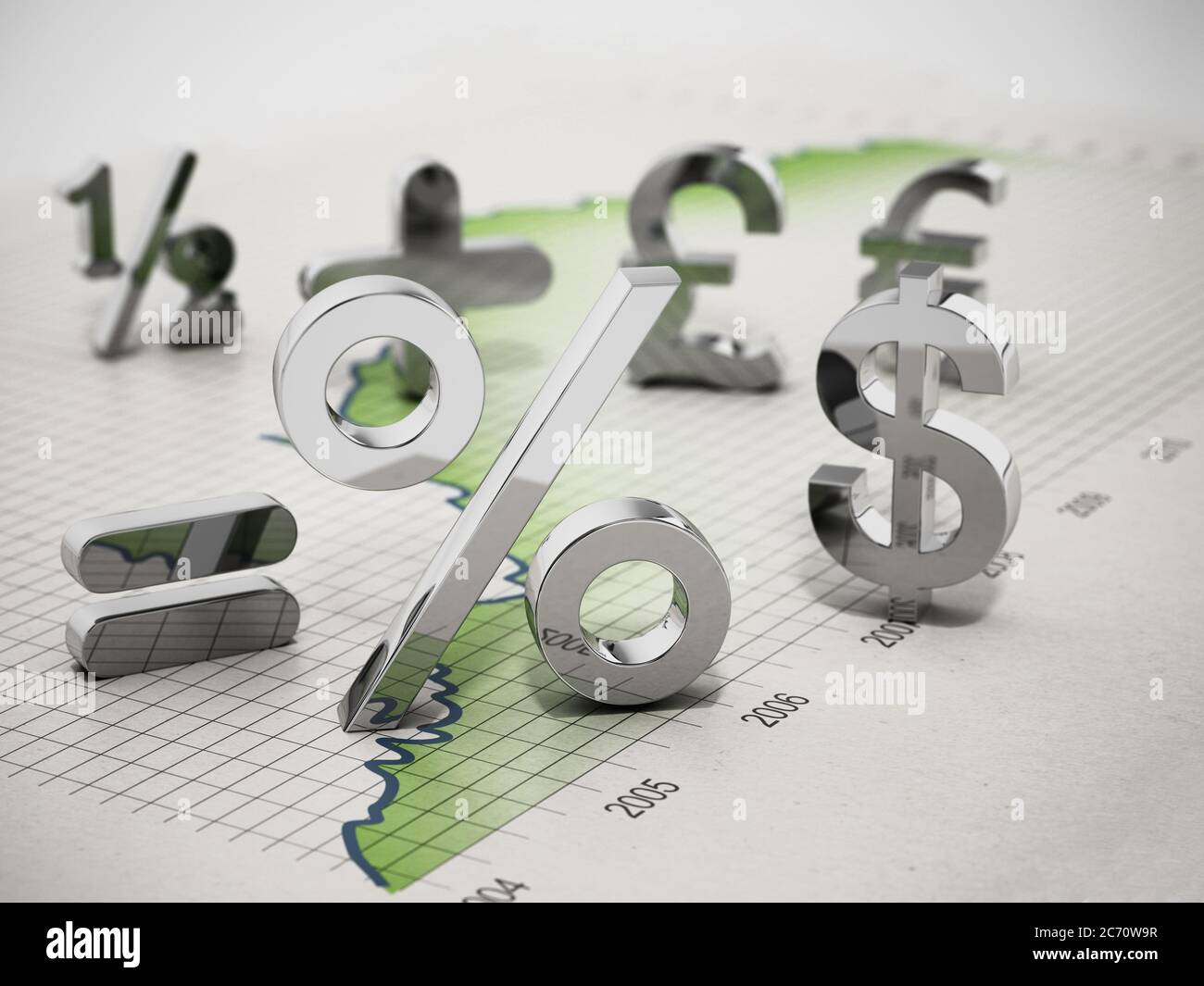 Simboli finanziari su grafico statistico. Illustrazione 3D. Foto Stock