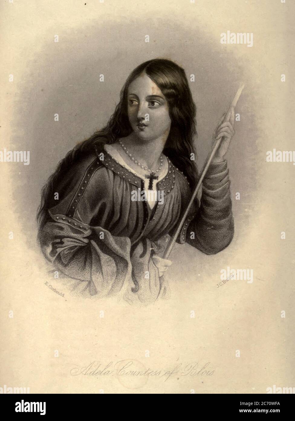 Adela di Normandia, di Blois, o di Inghilterra (c.. 1067 – 8 marzo 1137), nota anche come Santa Adela nel cattolicesimo romano, era figlia di Guglielmo il Conquistatore e Matilda delle Fiandre, che in seguito divenne contessa di Blois, Chartres e Meaux per matrimonio con Stefano II, Conte di Blois. Dal libro Heroines of the Crusades di Bloss, Celestea Angenette, 1812-1855 pubblicato da Auburn Alden, Beardsley, New York, 1853 inciso da J.C. Pulsante Foto Stock