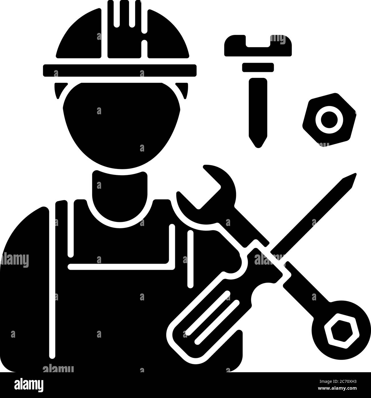 Icona glifo nero per lavoratori industriali. Simbolo della silhouette professionale per manutenzione e installazione su spazio bianco. Uomo di riparazione, uomo di mano con lavoro Illustrazione Vettoriale