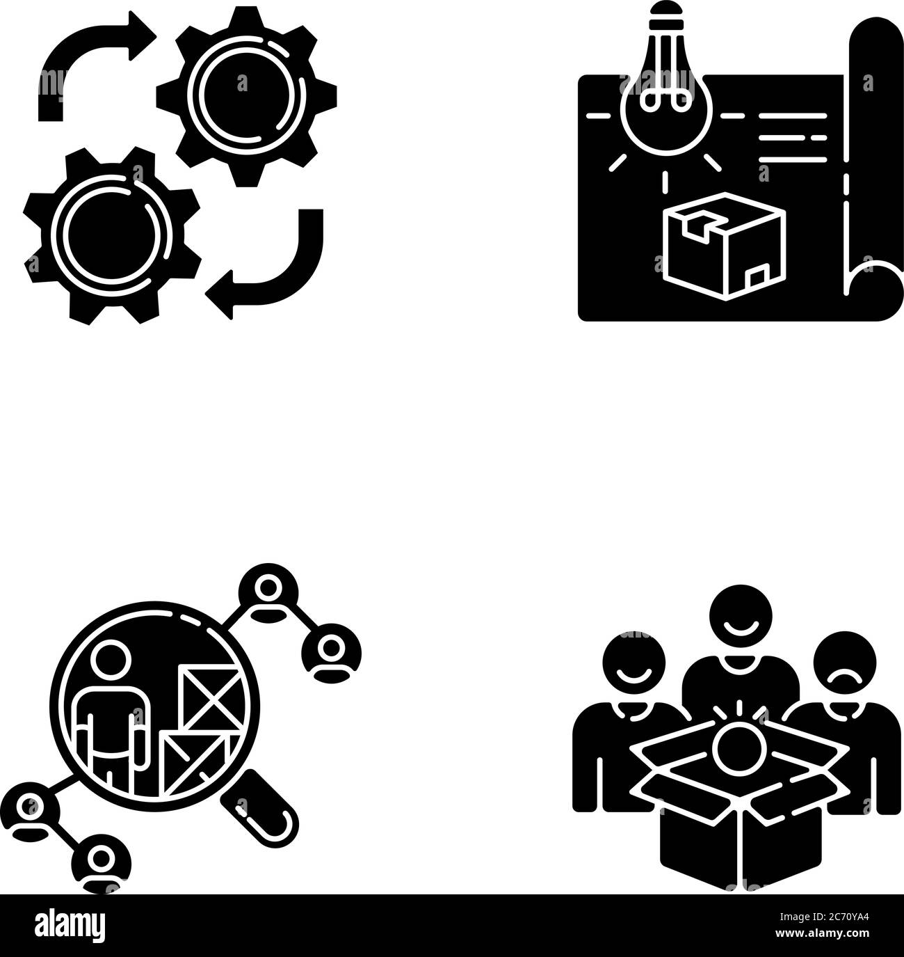 Processi industriali icone glifo nero impostate su spazio bianco. Sviluppo di concept di prodotto, produzione di prototipi, selezione di fornitori e servizio di manutenzione Illustrazione Vettoriale