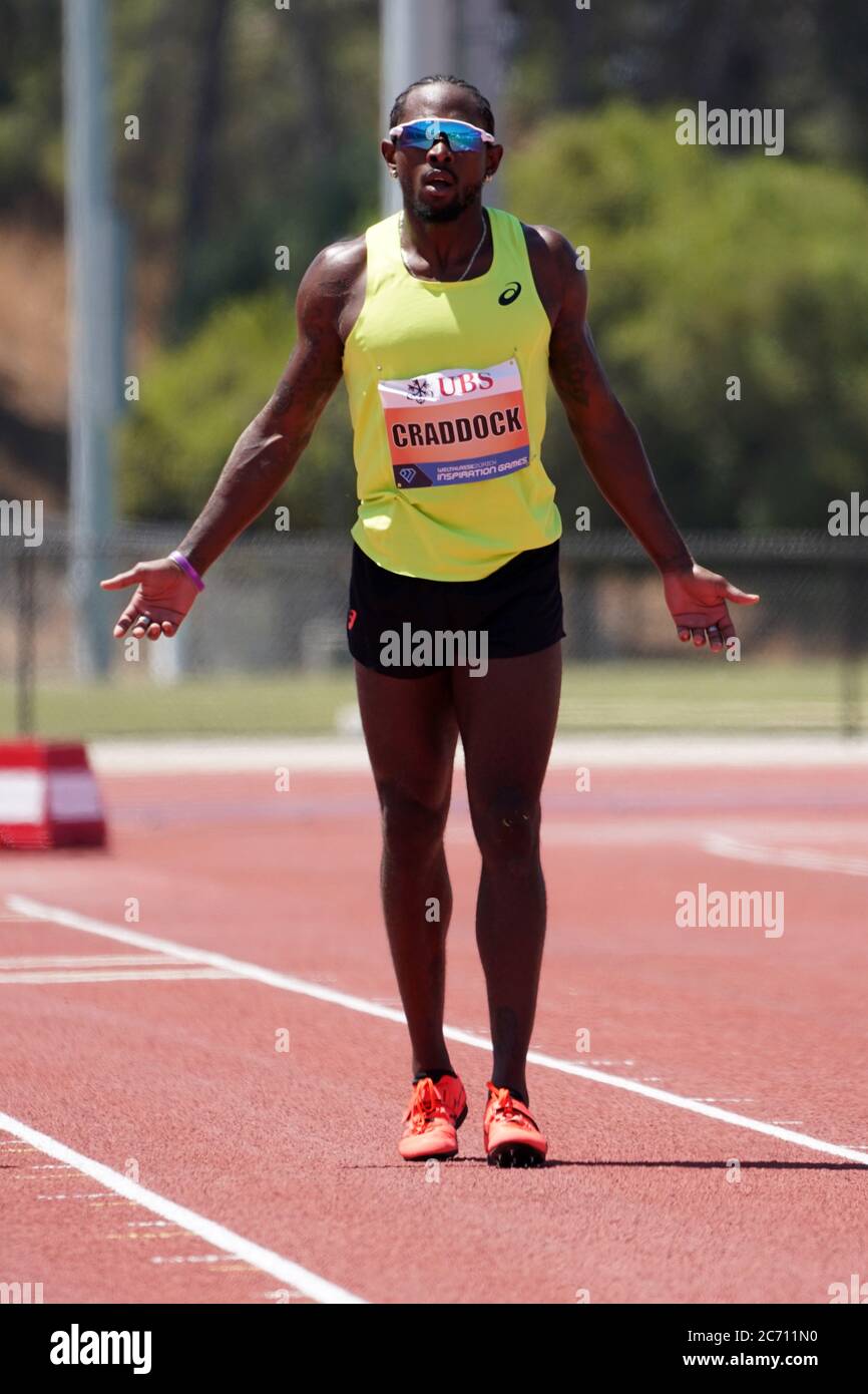 Omar Craddock si posiziona terzo nel triplo salto a 55-11 (17.04m) durante i Giochi d'ispirazione Weltklasse di Zurigo, giovedì 9 luglio 2020, a Walnut, CA Foto Stock