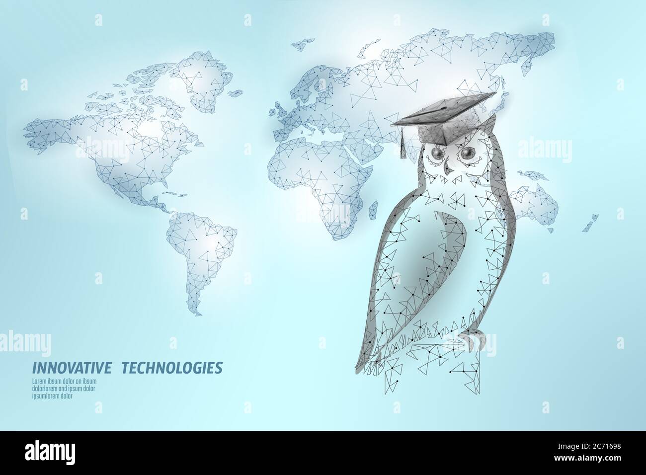 Concetto di programma di certificazione e-learning a distanza. Modello di banner mappa Earth World con scala di rappresentazione 3D bassa con tappo OWL. Formazione su Internet Illustrazione Vettoriale