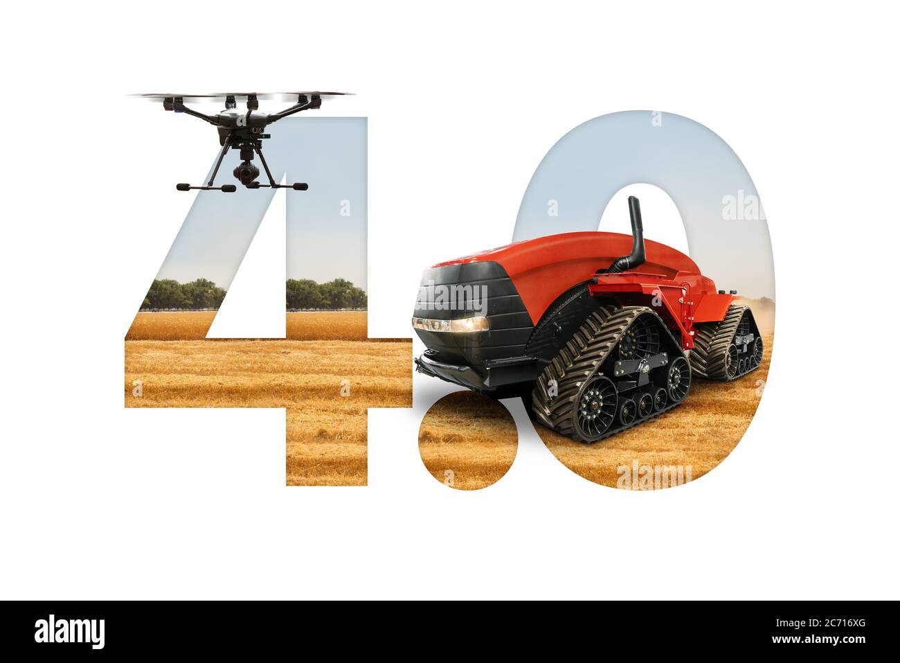 Trattore e drone autonomi sullo sfondo del testo 4.0. Concetto di agricoltura intelligente Foto Stock