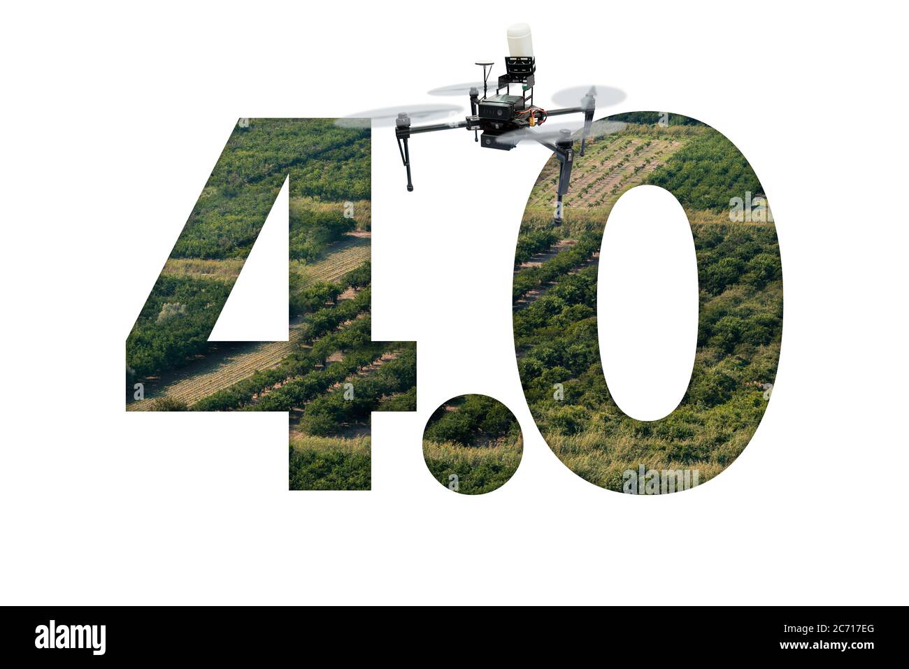 Drone agricolo sullo sfondo del testo 4.0. Concetto di agricoltura intelligente Foto Stock