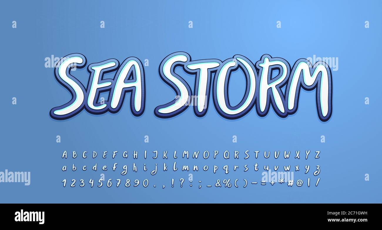 Alfabeto marino colori bianco e grigio-blu. Lettere maiuscole e minuscole, numeri e simboli. Illustrazione vettoriale. Illustrazione Vettoriale