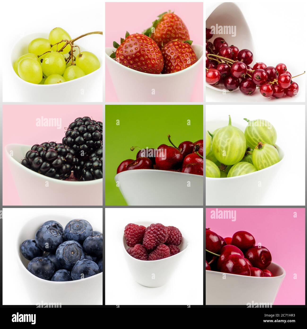 raccolta di frutta in ciotole bianche in ceramica su sfondo multicolore isolato, ciliegia, fragola, mora, lampone, mirtillo, uva spina, uva, Foto Stock