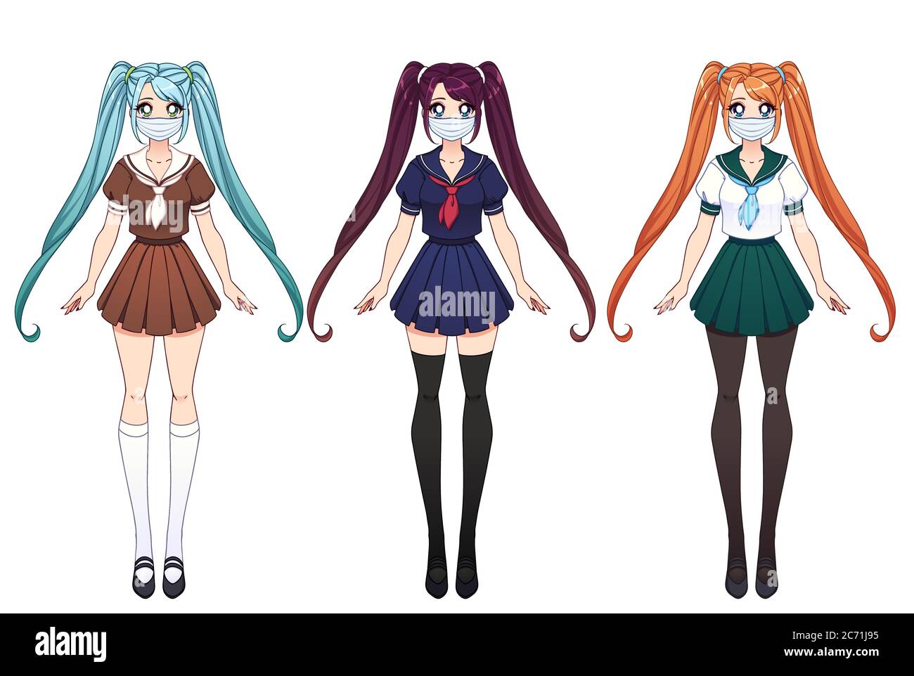 Set di tre anime girl. Ragazze carine con occhi grandi e indossare uniforme giapponese scuola e maschera medica. Illustrazione vettoriale disegnata a mano isolata su wh Illustrazione Vettoriale