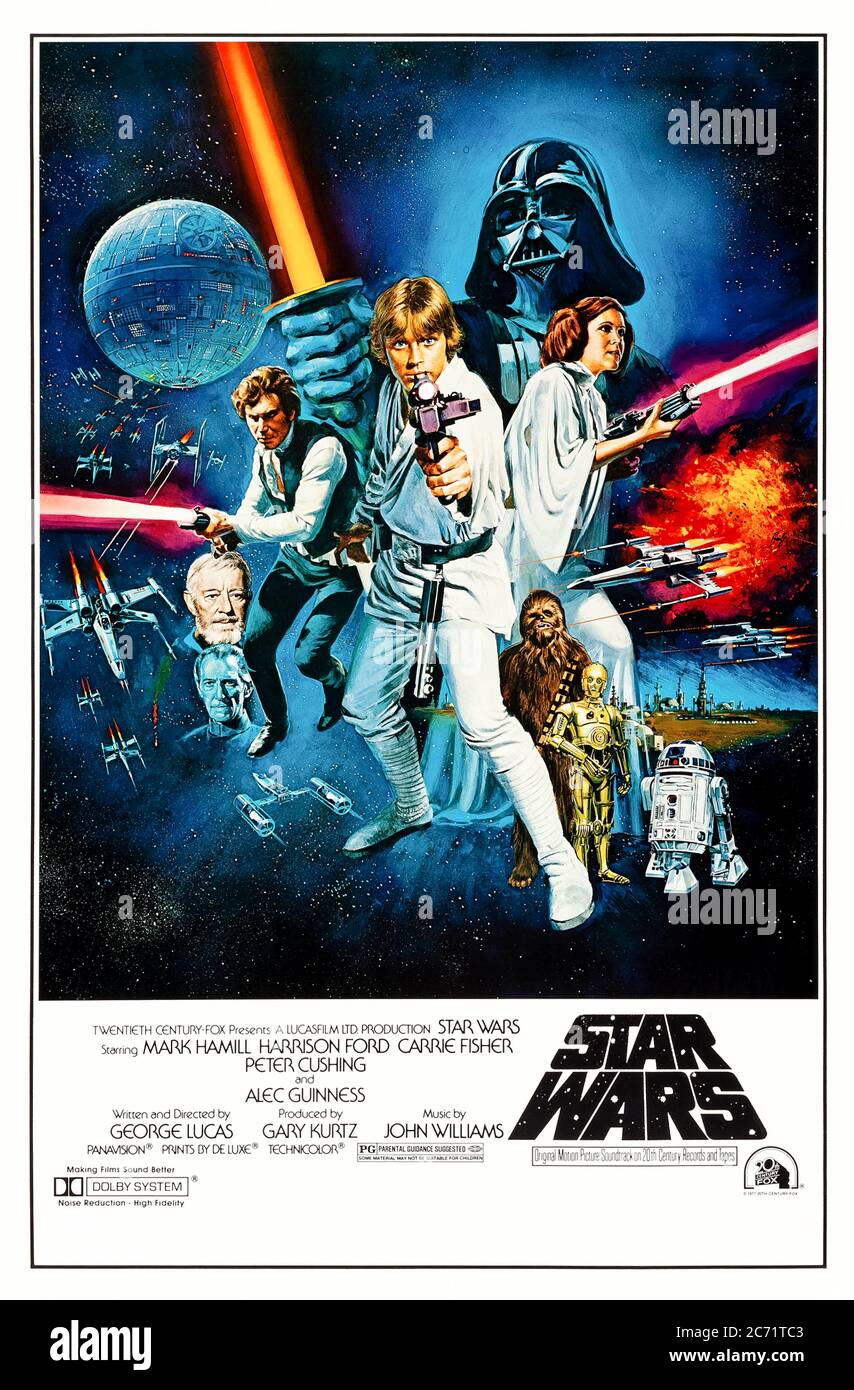 Star Wars (1977) diretto da George Lucas e interpretato da Mark Hamill, Harrison Ford e Carrie Fisher. L'Alleanza ribelle distruggere le forze imperiali ultima arma in una galassia molto molto lontano… Foto Stock