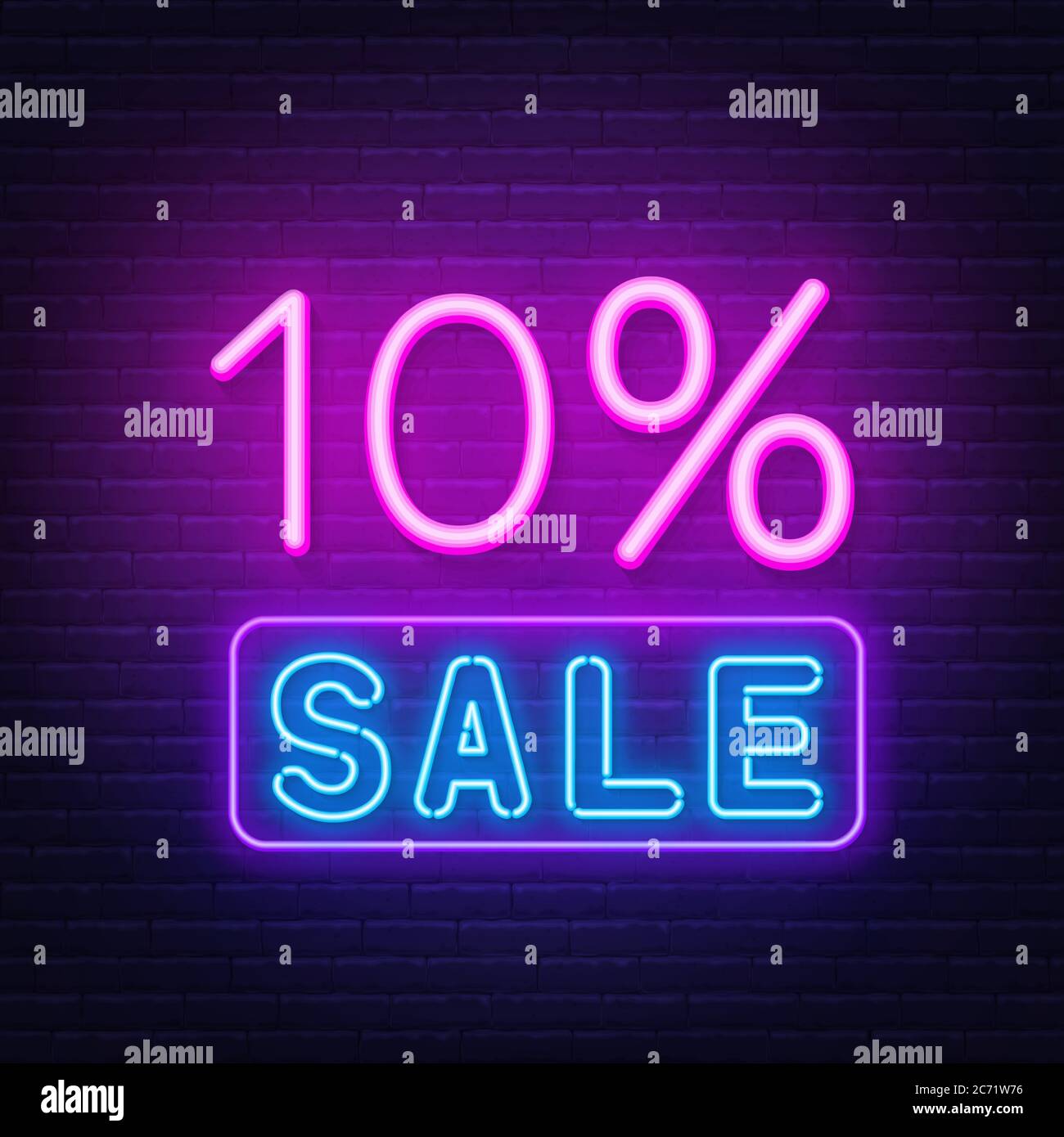 10% vendita neon segno su sfondo muro di mattoni. Illustrazione Vettoriale