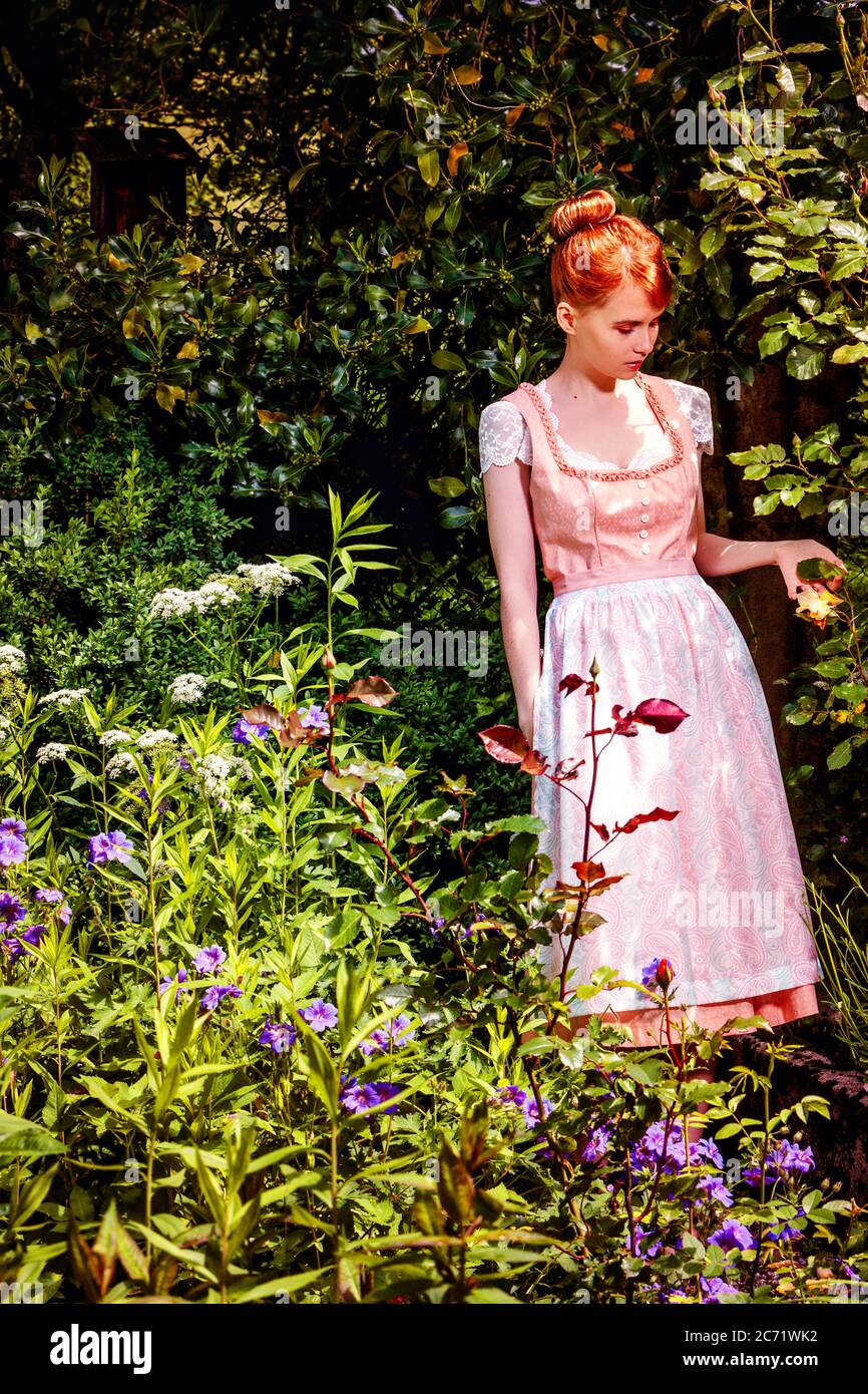 Giovane donna in dirndl nel vostro giardino e tiene una rosa gialla in mano. Foto Stock