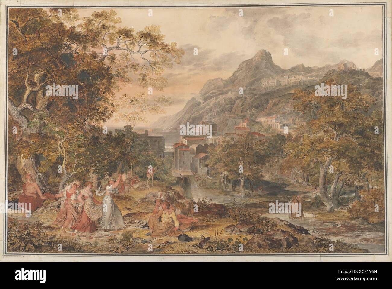 Vista di Vietri con giovani Donne di campagna Danza per pastori in primo piano, 1800. Foto Stock