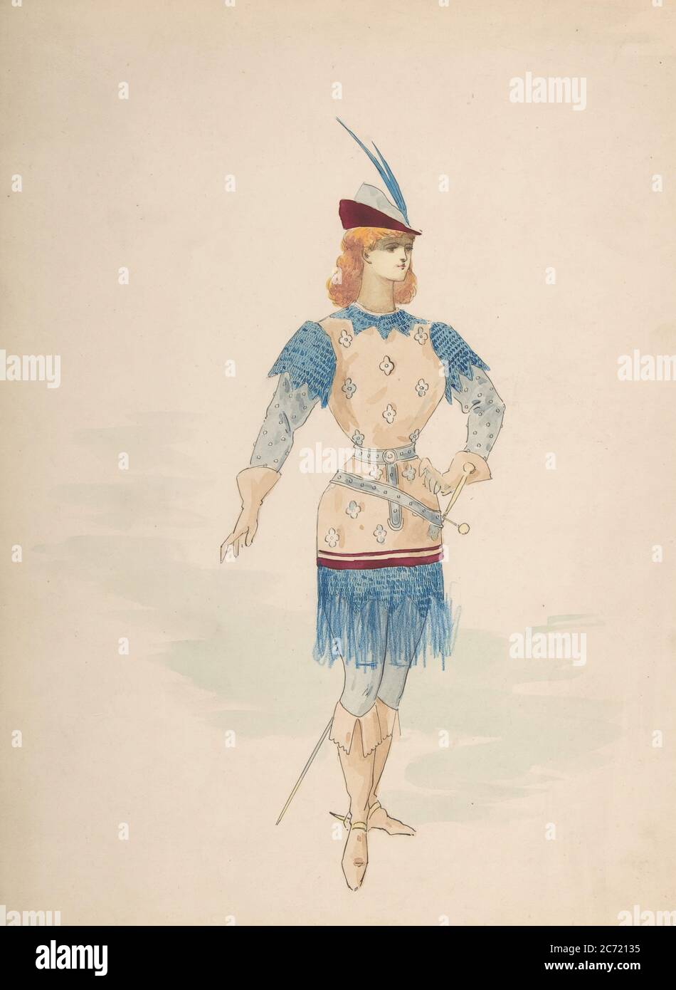 Disegno Costume per Cavalier (?) In Blu e Borgogna con cappuccio e spada in piuma, n.d.. Foto Stock