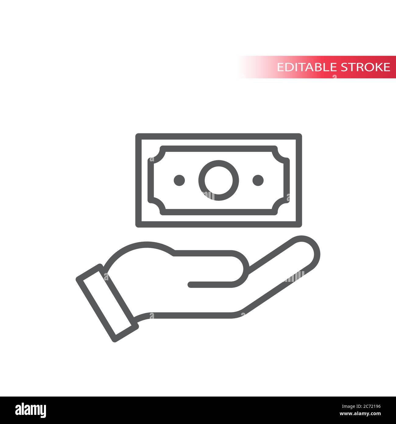 Mano e denaro, icona vettore di linea sottile di banconote. Simbolo del profilo del pagamento in contanti, tratto modificabile. Illustrazione Vettoriale