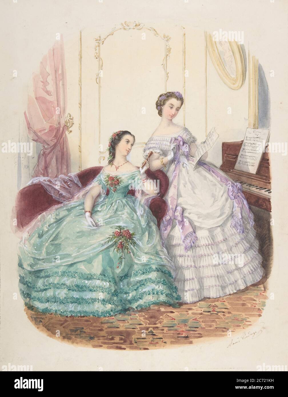 Studio di moda: Due donne in abito da sera, ca. 1860. Foto Stock