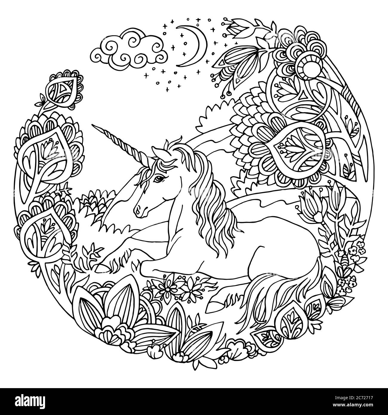 Vettore colorazione magica unicorno in alberi, fiori in cerchio composizione.Antistress disegno a mano libera con groviglio,elementi doodle.per la colorazione di adulti Illustrazione Vettoriale