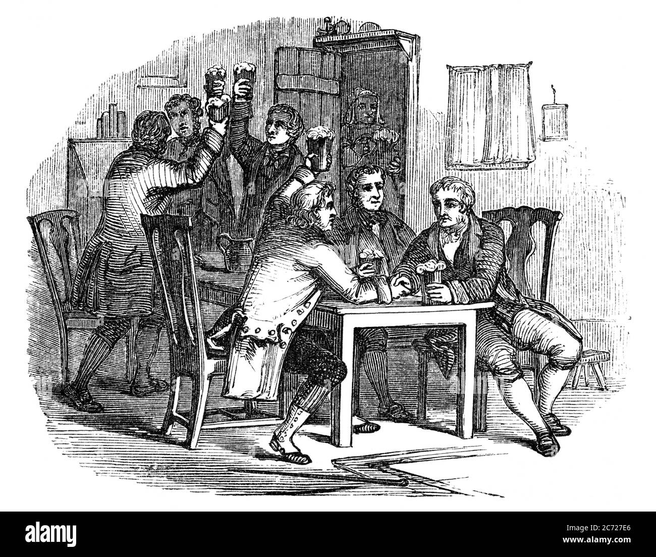 Un disegno di illustrazione vintage inciso della celebrazione di Auld Lang Syne alla vigilia di Capodanno da un libro vittoriano datato 1854 che non è più Foto Stock
