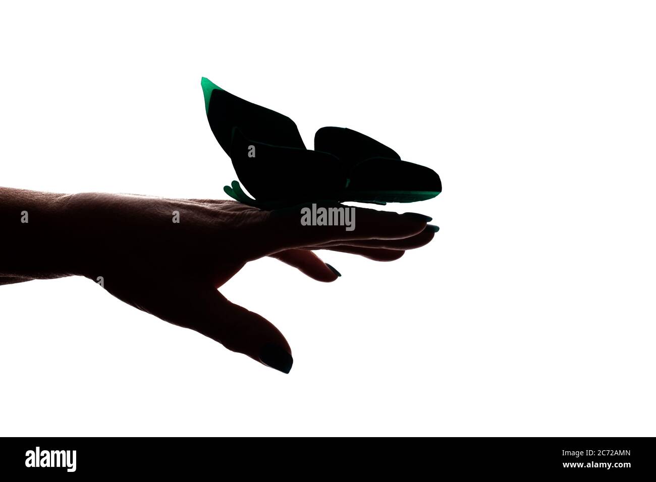 Mano femminile con farfalla artificiale, layout farfalla - silhouette isolato amore Foto Stock