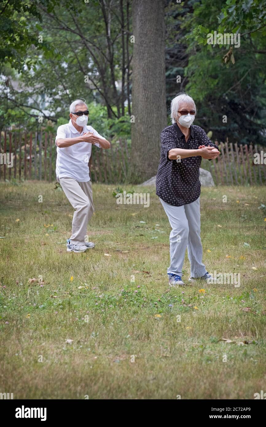 Una coppia asiatica americana più anziana, probabilmente sposata, fa esercizi di Tai Chi a Kissena Park, Flushing, Queens, New York City. Foto Stock