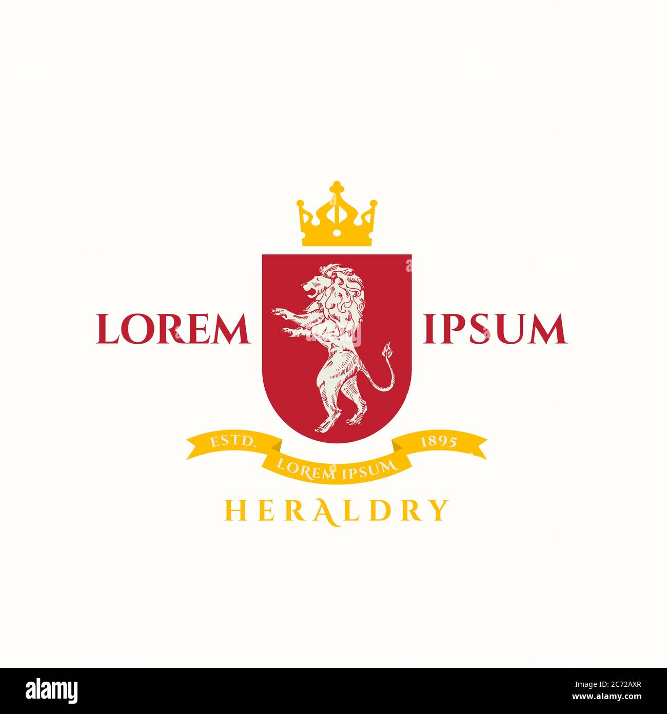 Cresta di eraldica del leone. Segno vettoriale astratto, simbolo o modello di logo. Lion Sillhouette con Shield, Banner, Crown e classica retro tipografia. Colorato Illustrazione Vettoriale