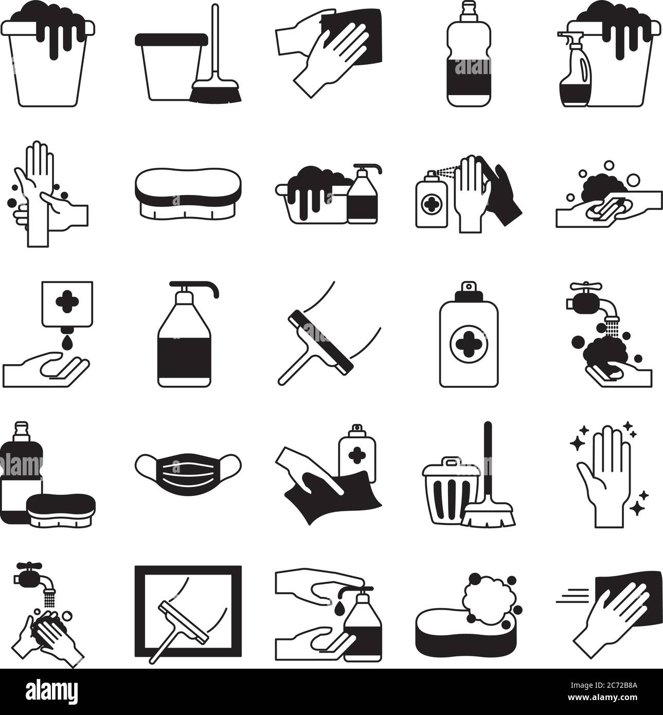 Disegno del set di icone stile linea, servizio di pulizia e tema del virus covid 19 illustrazione vettoriale Illustrazione Vettoriale