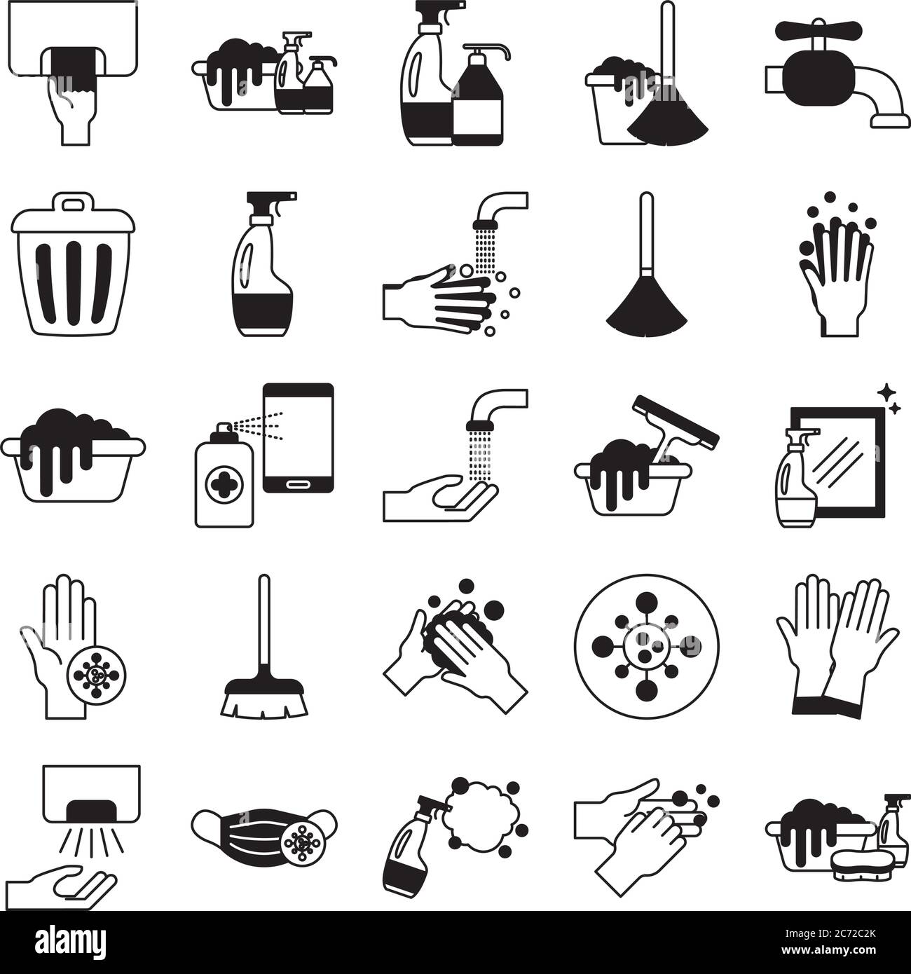 Disegno del set di icone stile linea, servizio di pulizia e tema del virus covid 19 illustrazione vettoriale Illustrazione Vettoriale