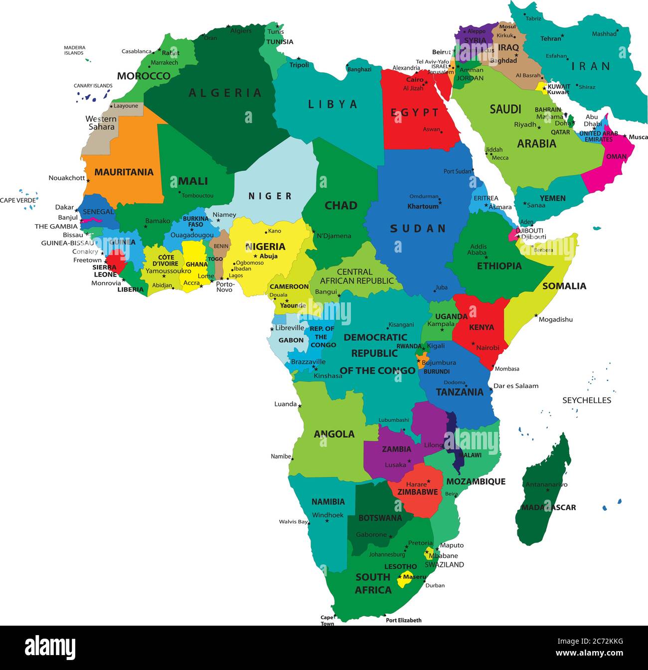 Mappa politica dell'Africa sfondo bianco agaista. Ogni stato è selezionabile separatamente Illustrazione Vettoriale