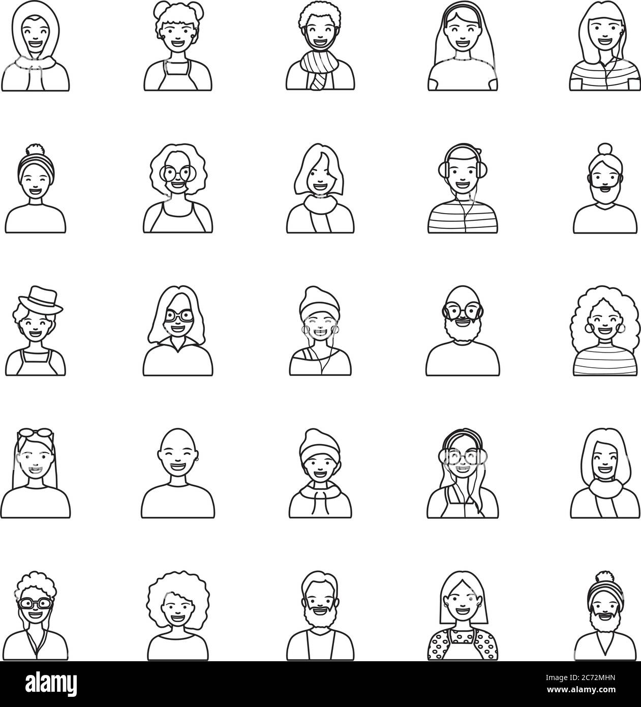 icone di uomini e diversità di personaggi di cartoni animati su sfondo bianco, stile di linea, illustrazione vettoriale Illustrazione Vettoriale