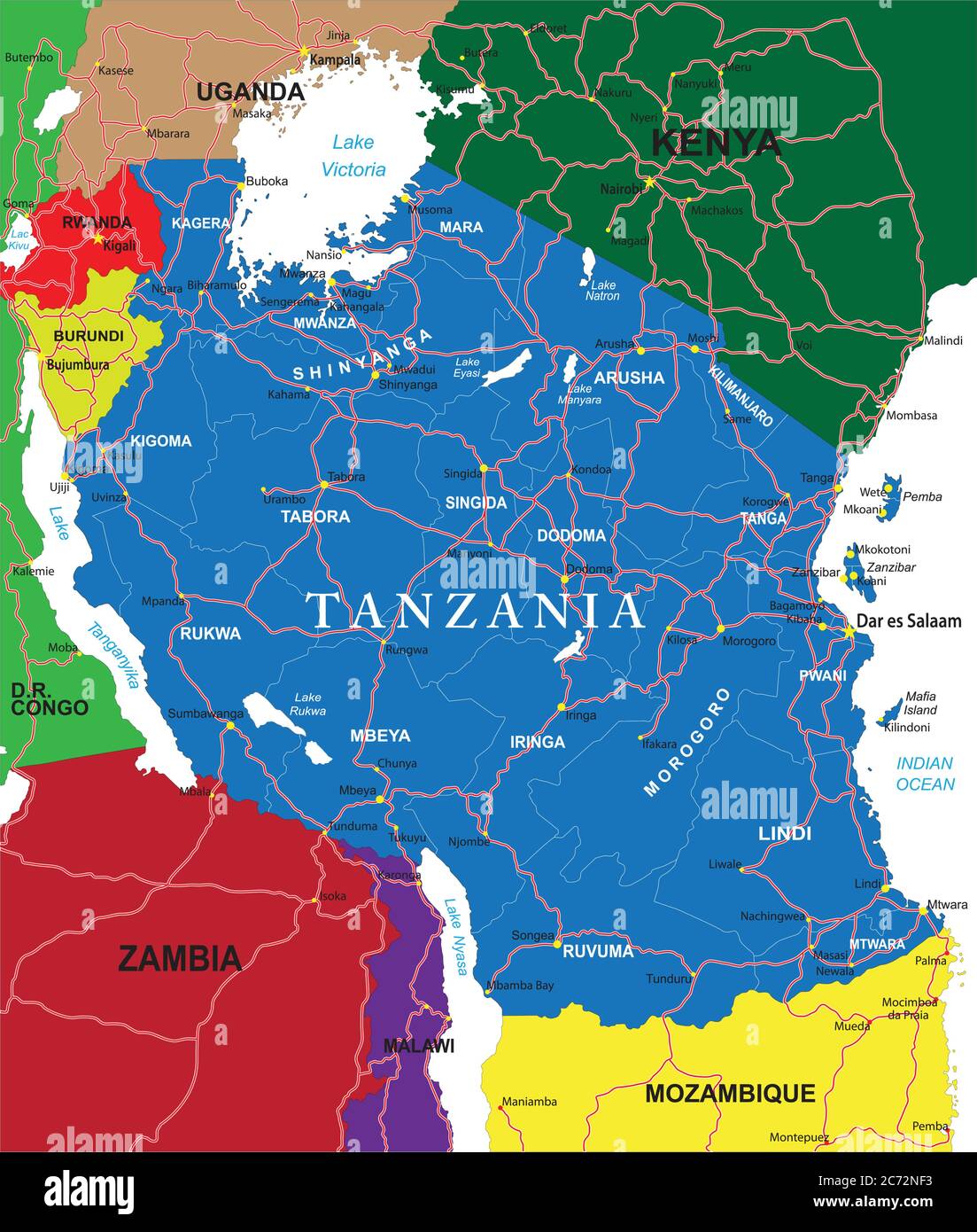 Mappa vettoriale dettagliata della Tanzania con confini nazionali, nomi di contea, strade principali e una silhouette di stato estremamente dettagliata. Illustrazione Vettoriale