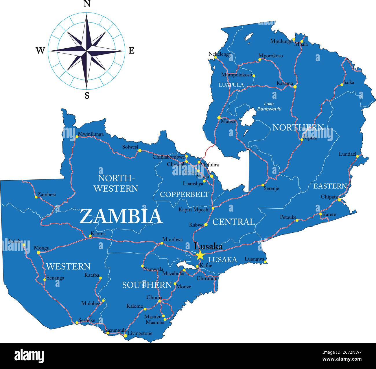 Mappa vettoriale altamente dettagliata dello Zambia con le regioni amministrative, le principali città e le strade. Illustrazione Vettoriale