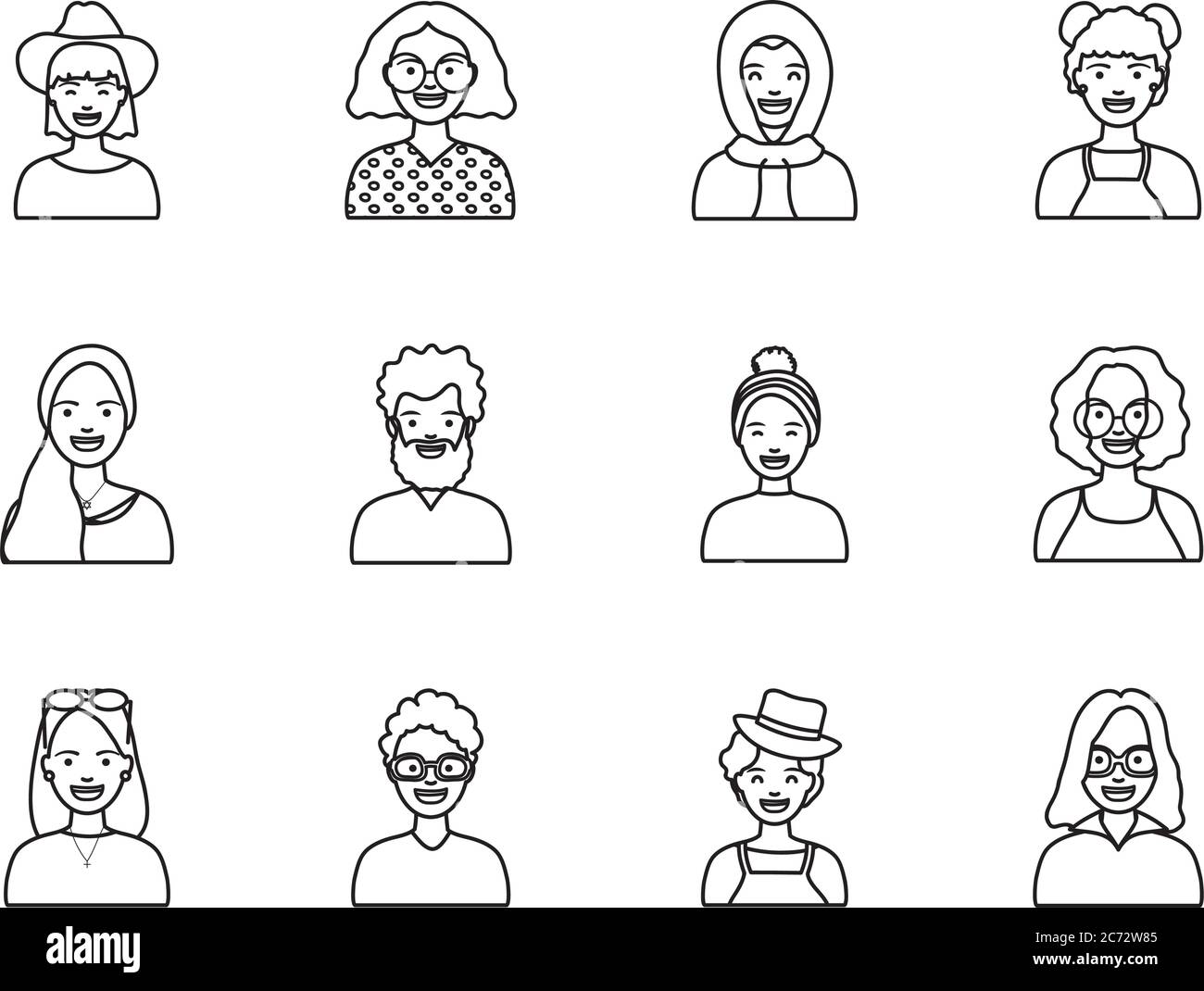 donne afro e diversità persone icona set su sfondo bianco, stile linea, illustrazione vettoriale Illustrazione Vettoriale