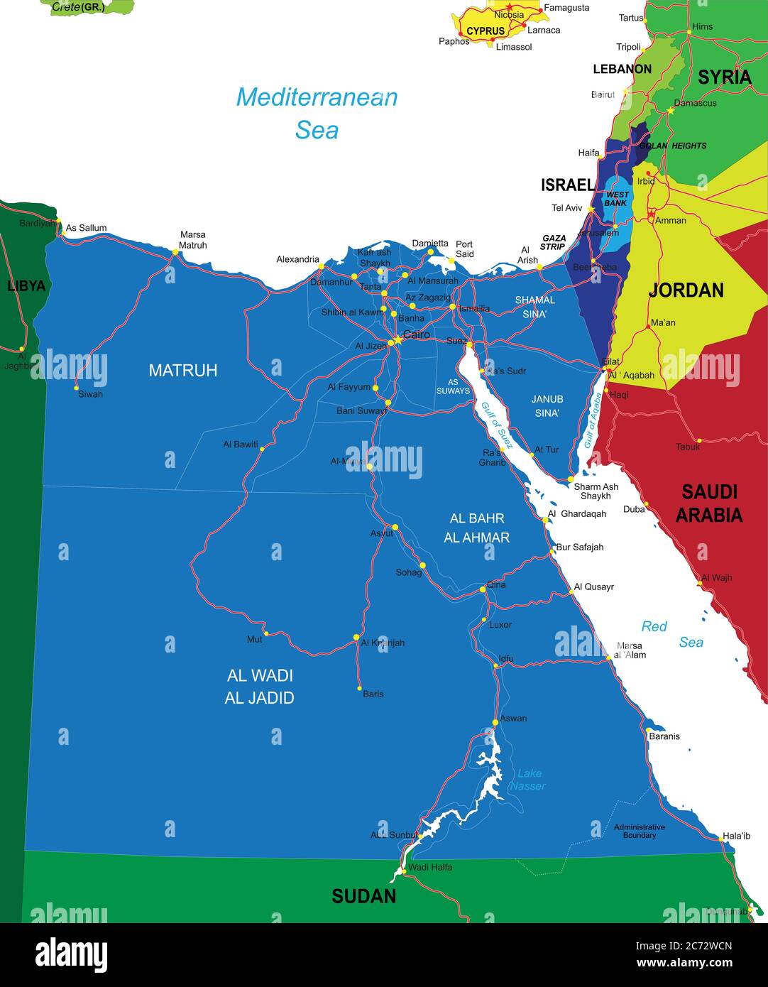 Mappa vettoriale altamente dettagliata dell'Egitto con regioni amministrative, città principali e strade. Illustrazione Vettoriale