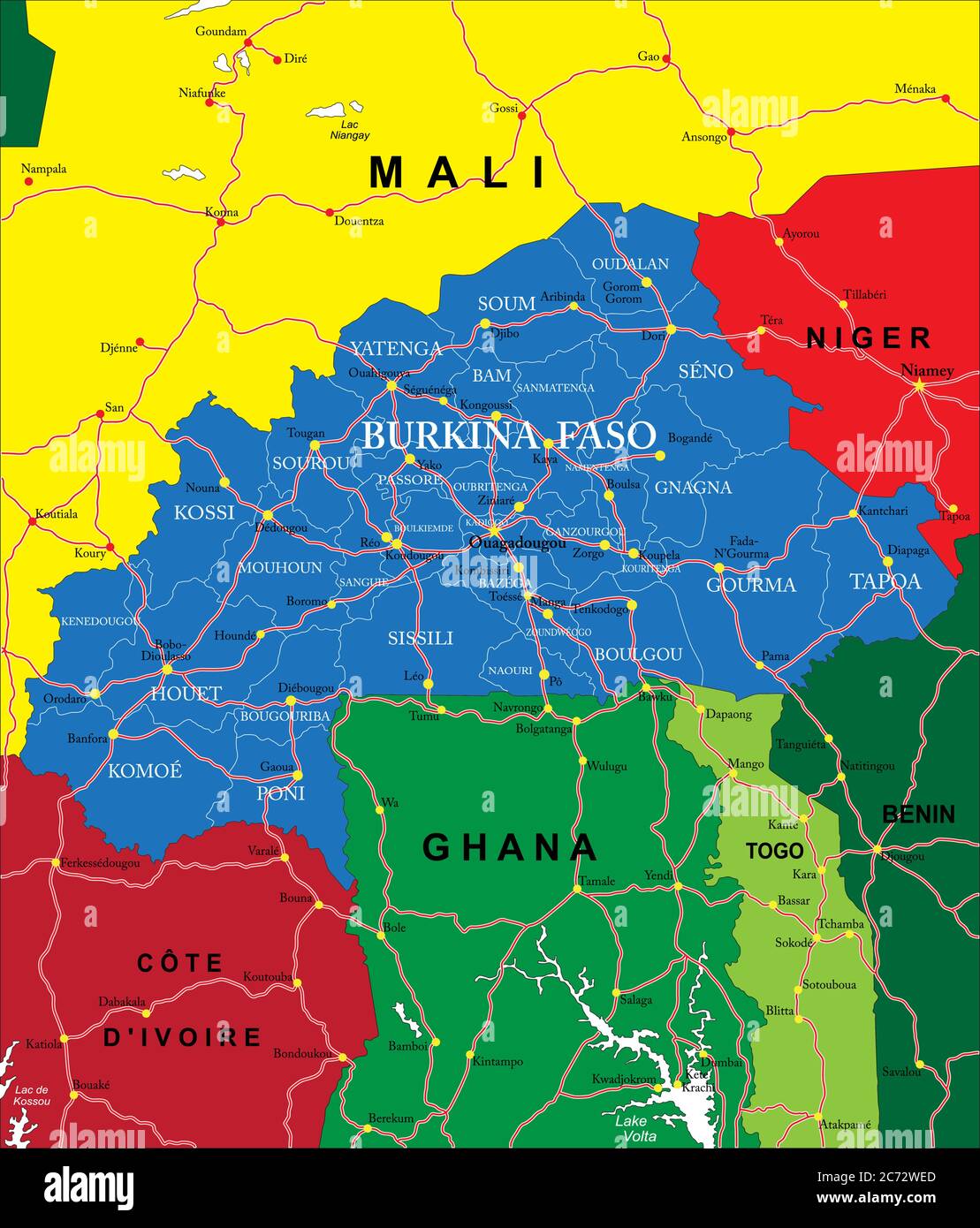 Mappa vettoriale del Burkina Faso con regioni amministrative, principali città e strade. Illustrazione Vettoriale