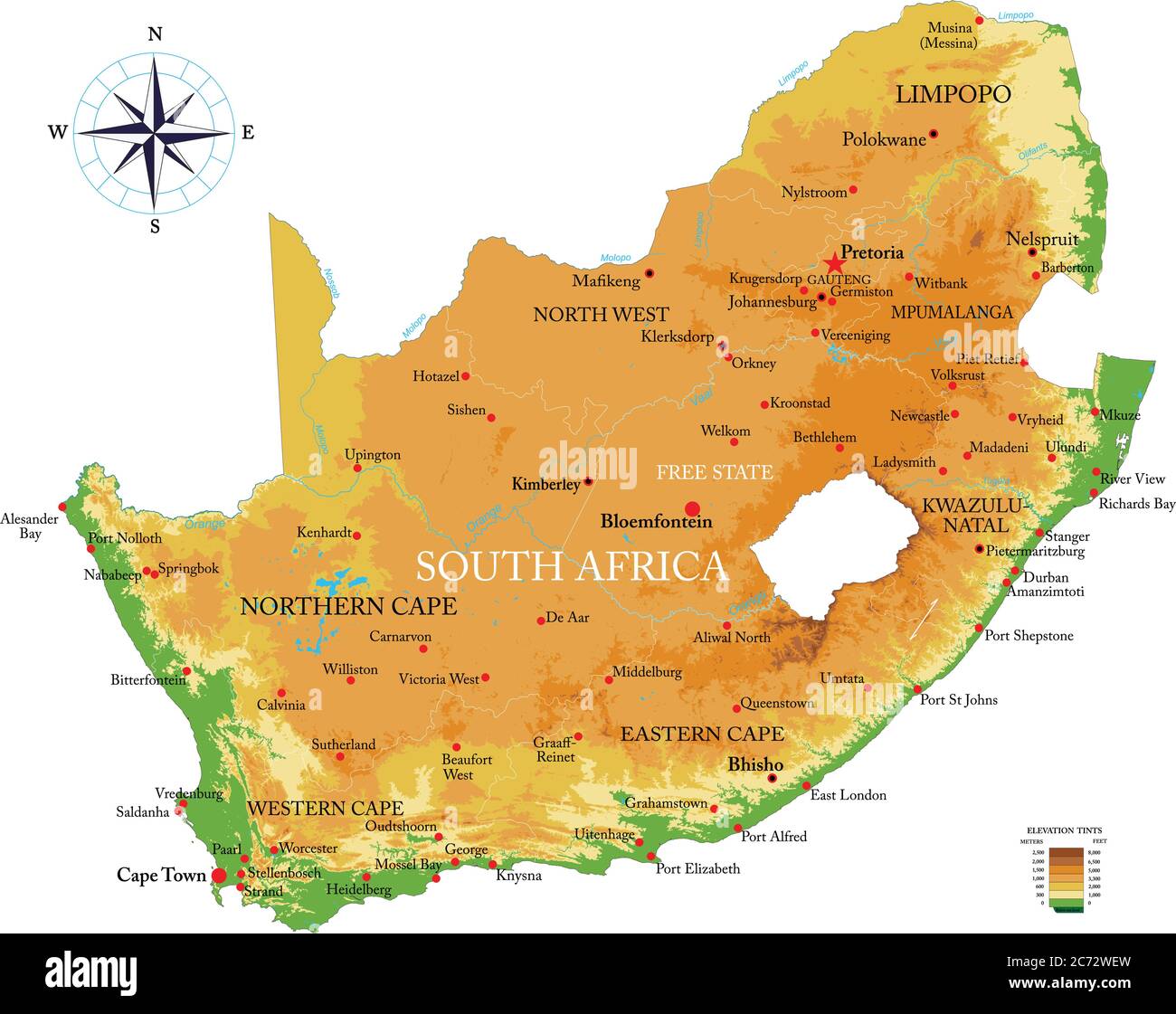 Mappa fisica del Sud Africa, in formato vettoriale, con tutte le forme di rilievo, le regioni e le grandi città. Illustrazione Vettoriale