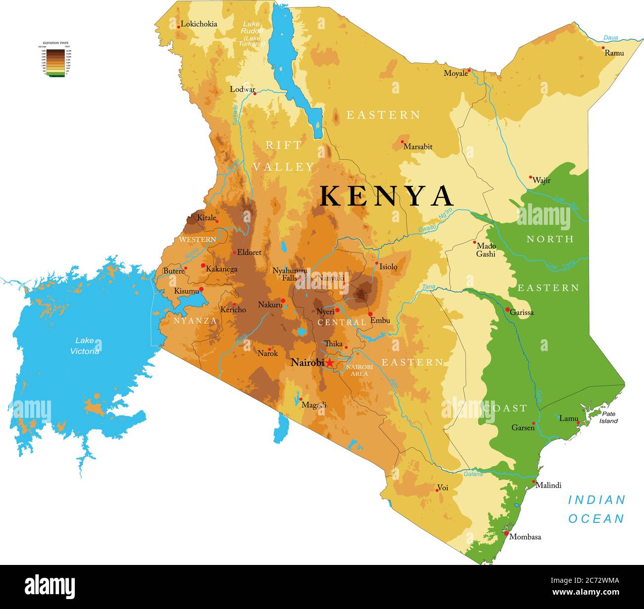 Mappa fisica altamente dettagliata del Kenya, in formato vettoriale, con tutte le forme di rilievo, le regioni e le grandi città. Illustrazione Vettoriale