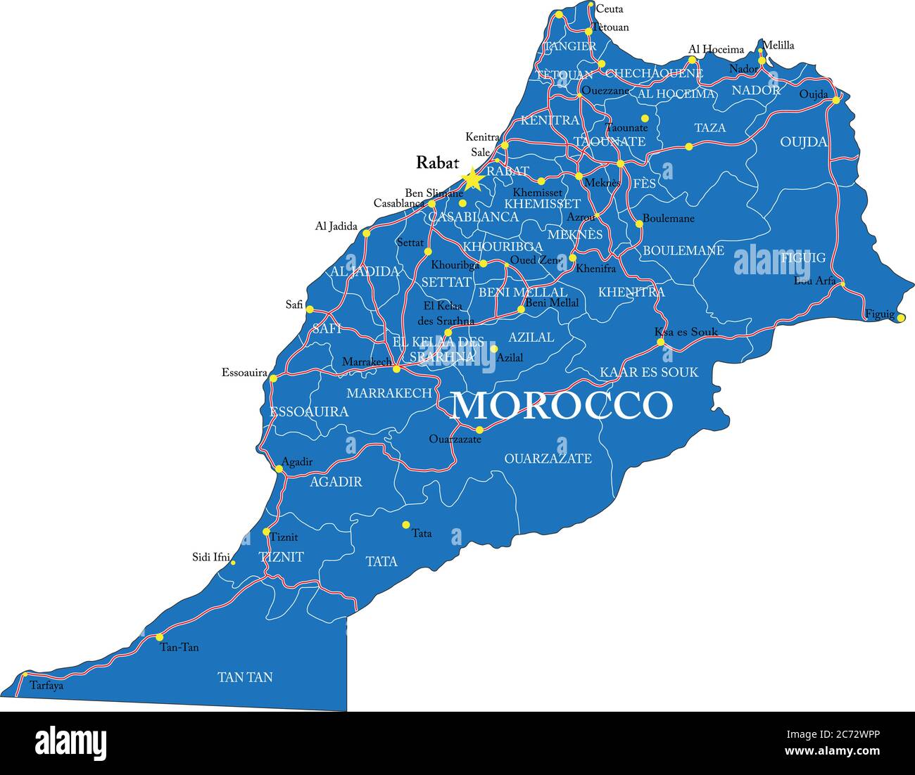 Mappa vettoriale del Marocco con regioni amministrative, città principali e strade. Illustrazione Vettoriale