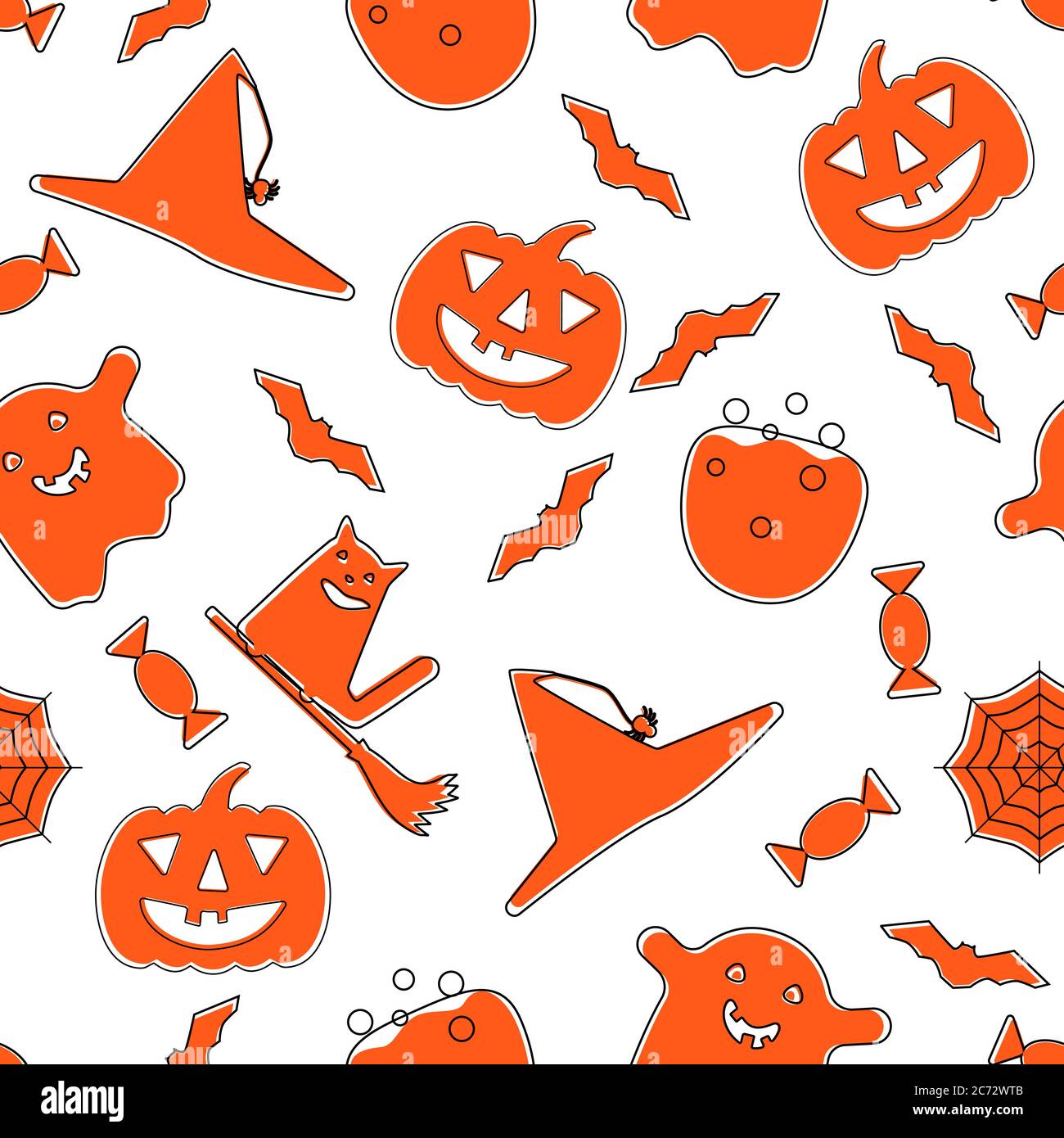 Motivo Halloween brillante e senza cuciture. Modello in stile cartoon con fantasma, zucca, ginestra, cappello e gatto Illustrazione Vettoriale