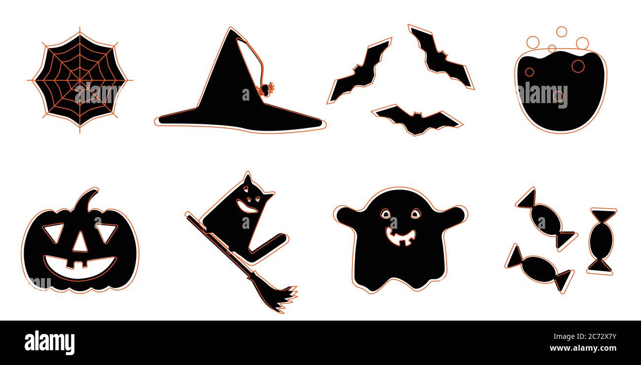 Set di icone di Halloween nere con contorno arancione. Contorno arancione divertenti icone halloween. Icone stile cartoon fantasma, zucca, scopa, cappello e gatto Illustrazione Vettoriale