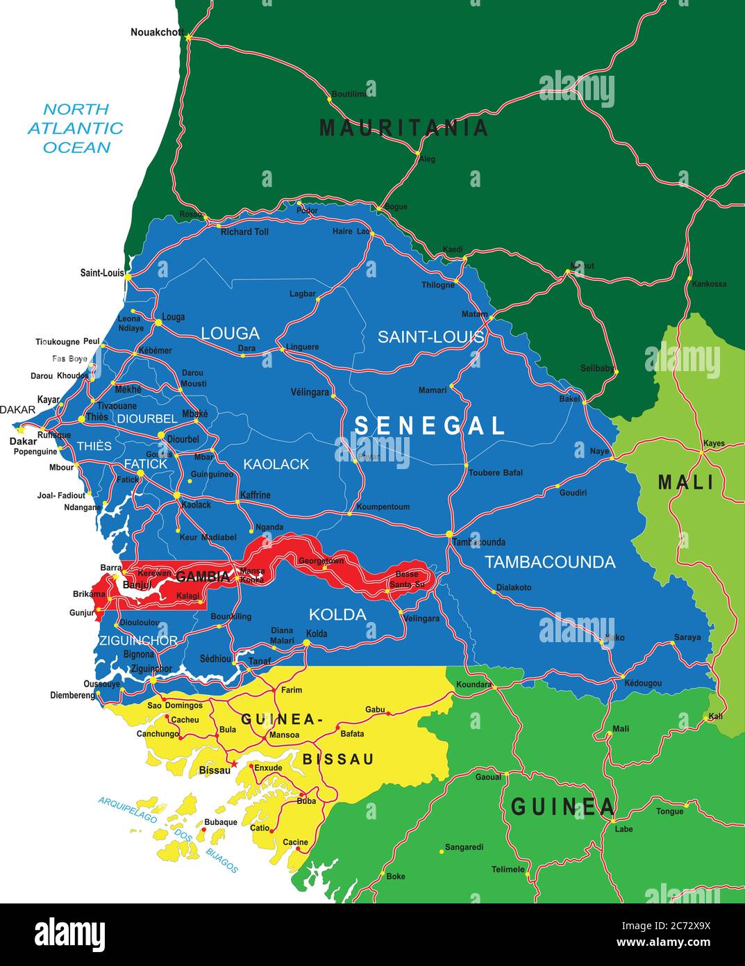 Senegal Mappa vettoriale molto dettagliata con regioni amministrative, principali città e strade. Illustrazione Vettoriale
