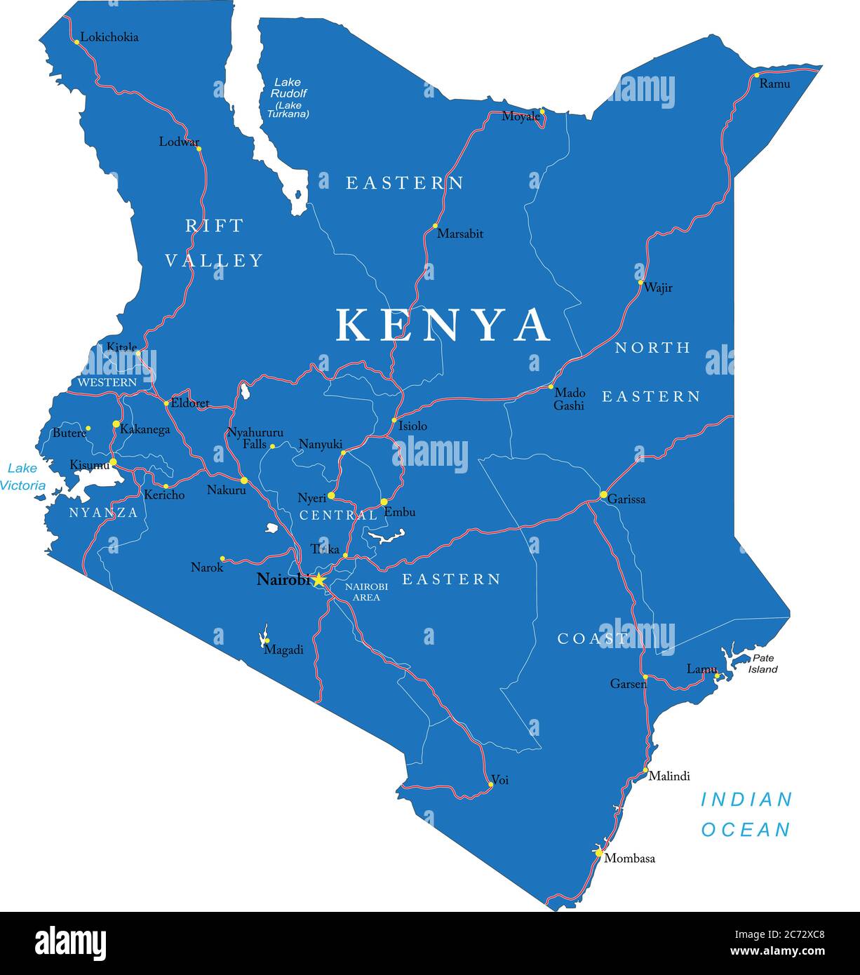 Mappa vettoriale altamente dettagliata del Kenya con regioni amministrative, città principali e strade Illustrazione Vettoriale