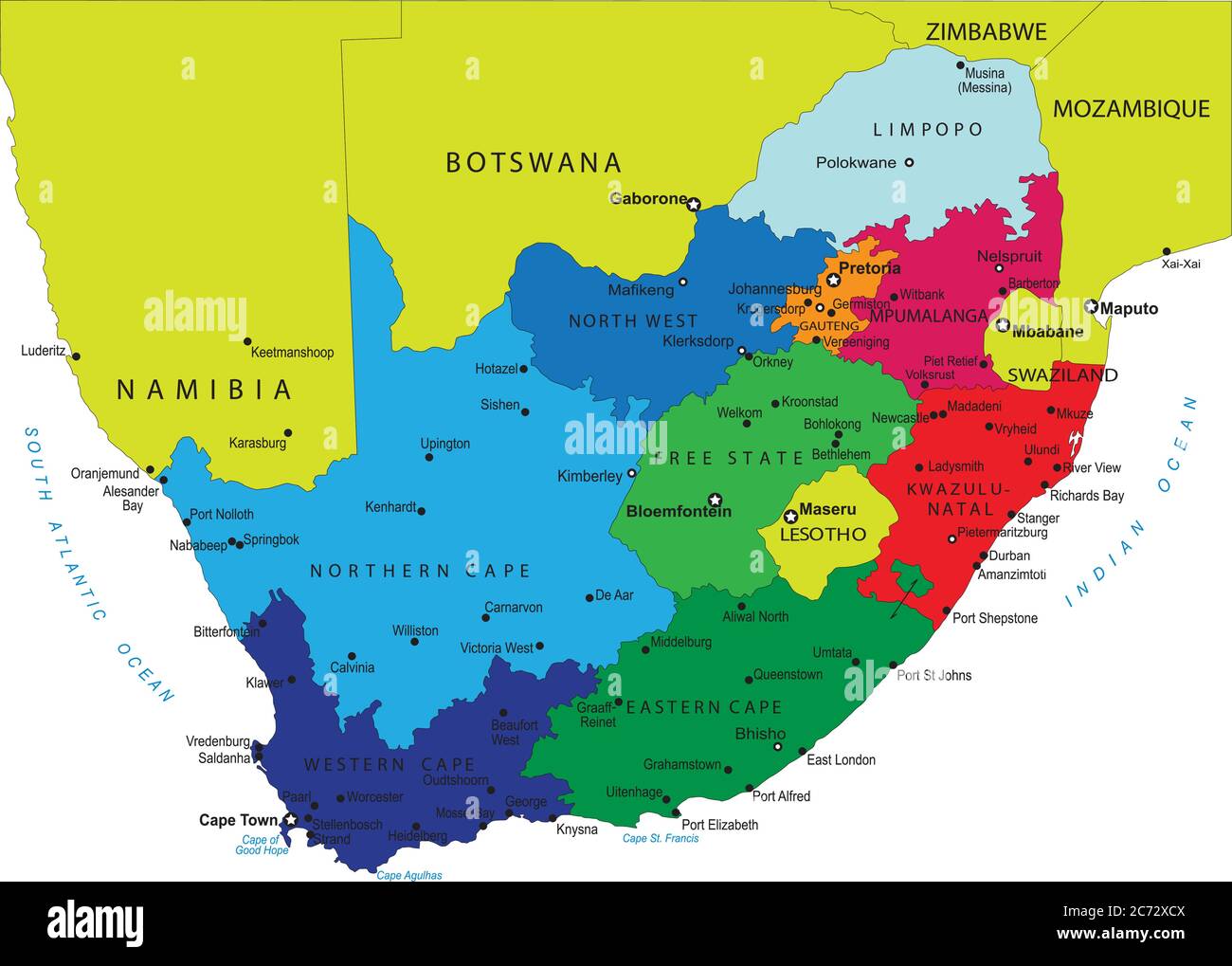 Mappa vettoriale del Sud Africa con le regioni amministrative e le principali città. Illustrazione Vettoriale