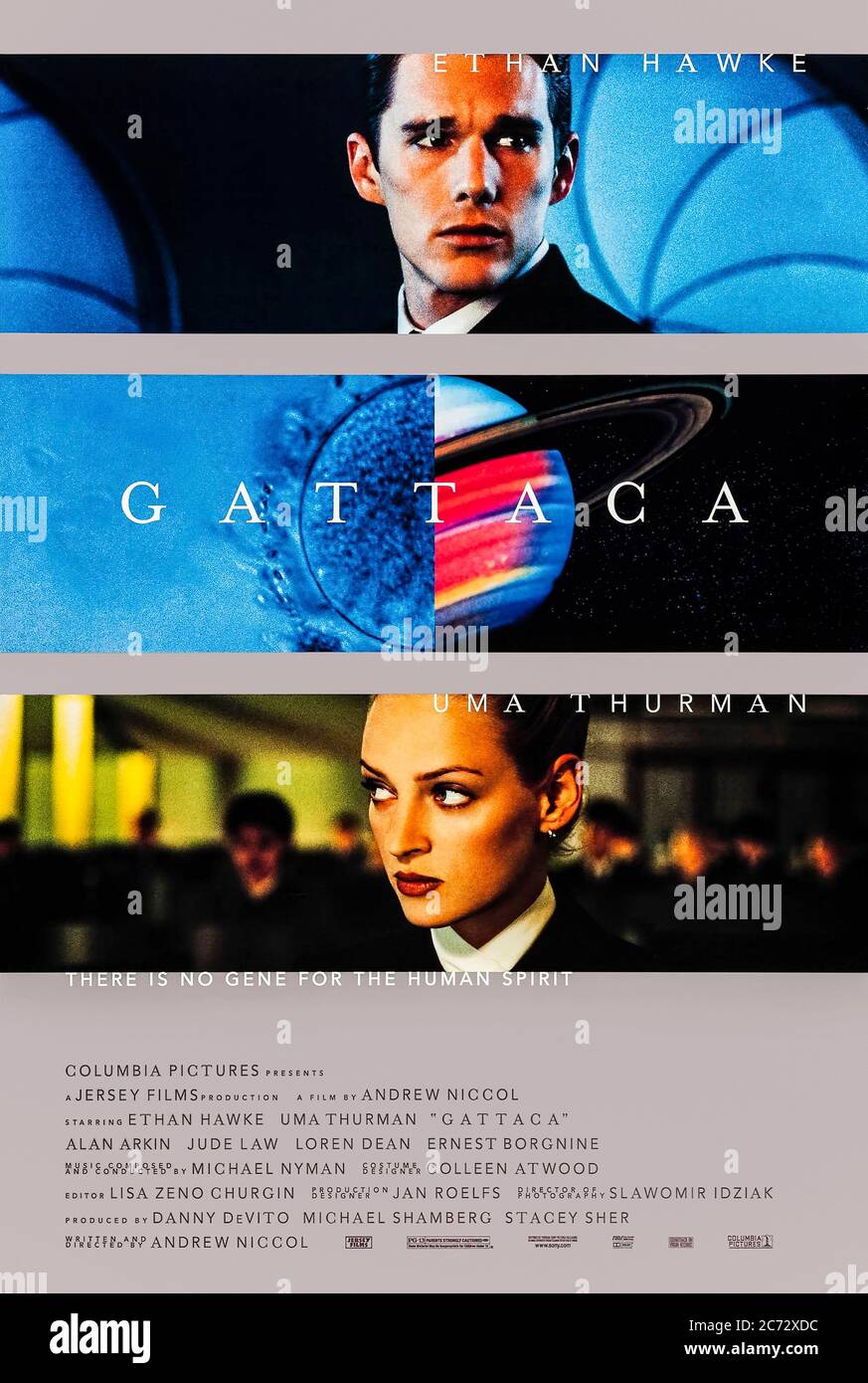 Gattaca (1997) diretto da Andrew Niccol e interpretato da Ethan Hawke, Uma Thurman, Jude Law e Gore Vidal. In un futuro dove il vostro destino è determinato dal vostro DNA lo spirito umano si dimostra indomabile. Foto Stock